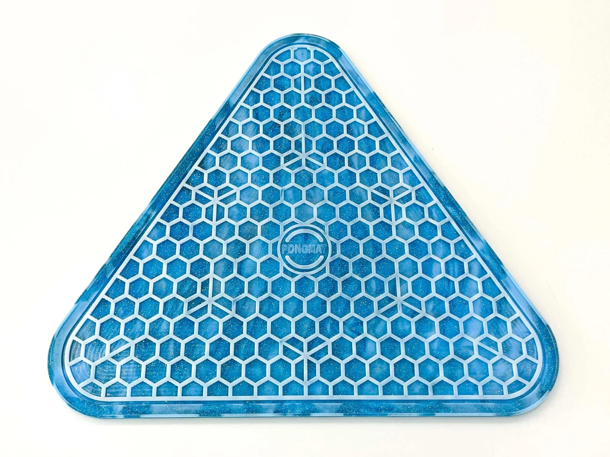 A blue triangular silicone mat with a blue and white swirl of mixed colors and a white line hexagon pattern on the surface.