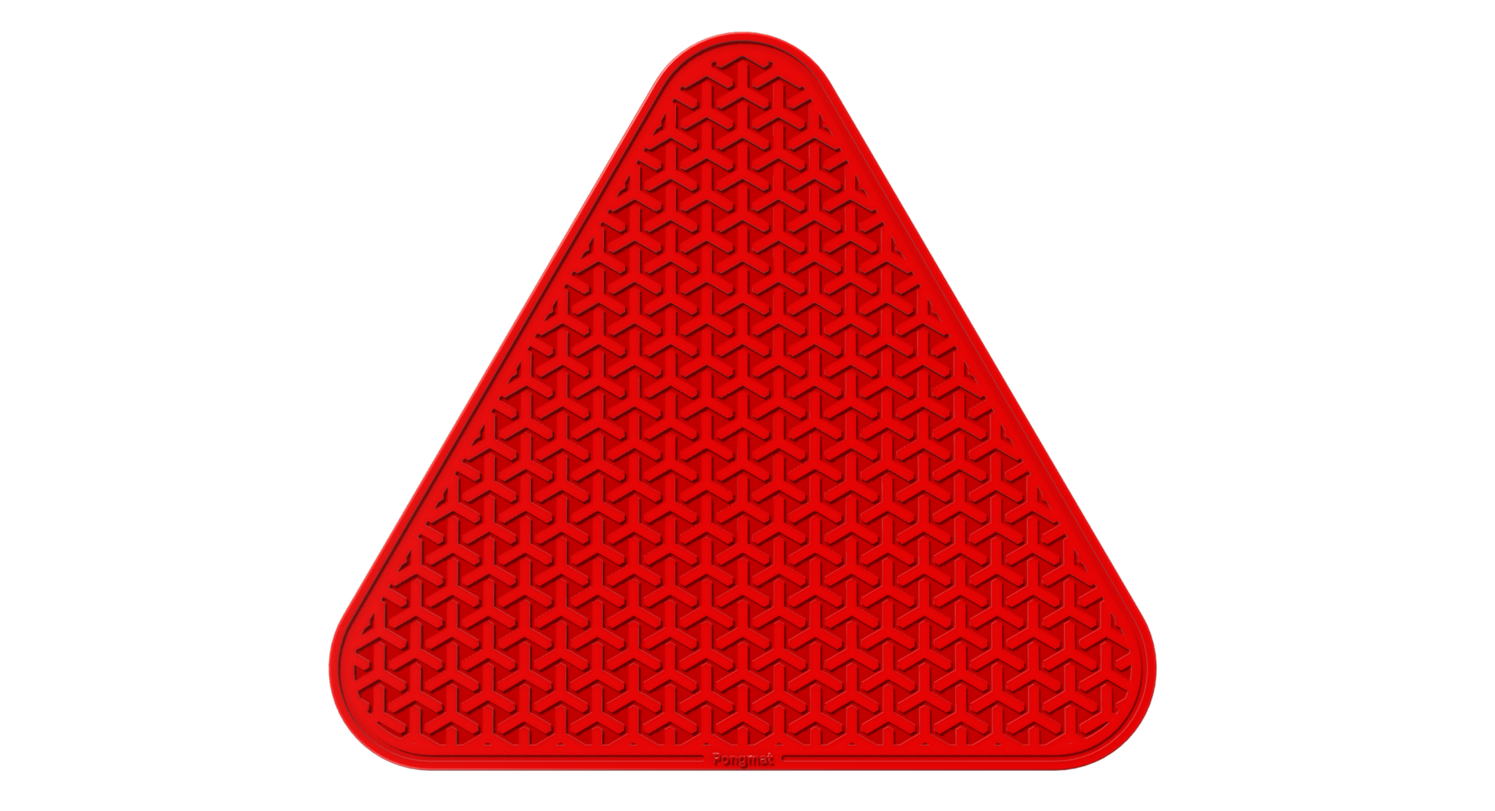 A red triangular silicone mat with rounded corners and an interlaced tile  pattern throughout.