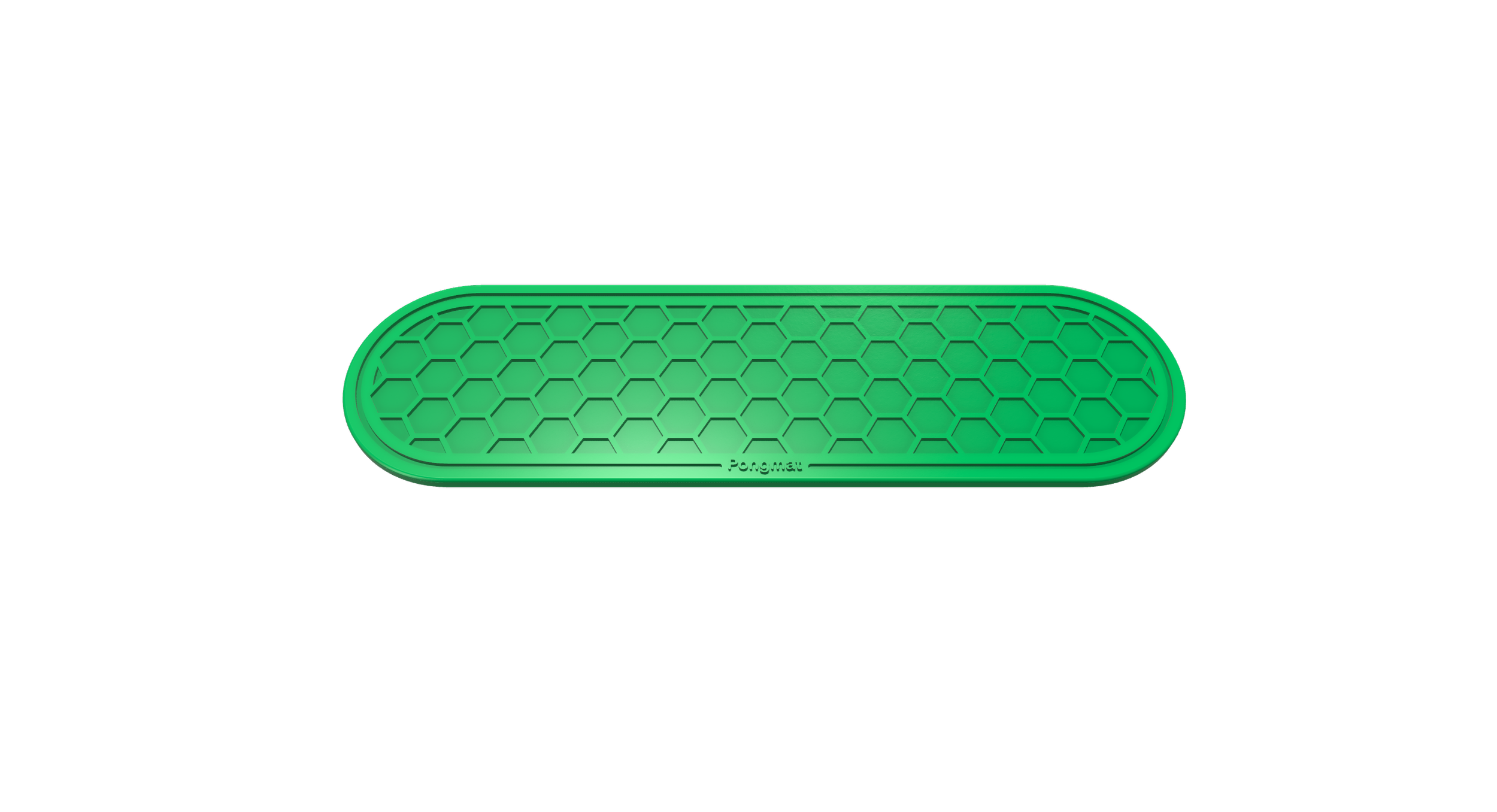 A green silicone sponge with a hexagonal pattern, labeled 'PongMat' on the bottom edge, against a black background.
