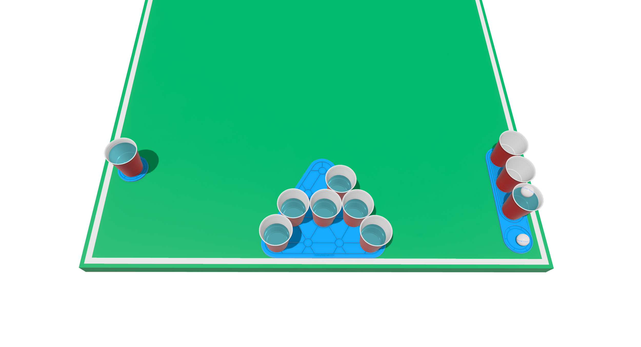 A table top view of a cup pong game with red plastic cups on top of a triangular silicone mat and a rounded bar mat with red plastic cups arranged in a line with a coaster and a red plastic cup on the side.