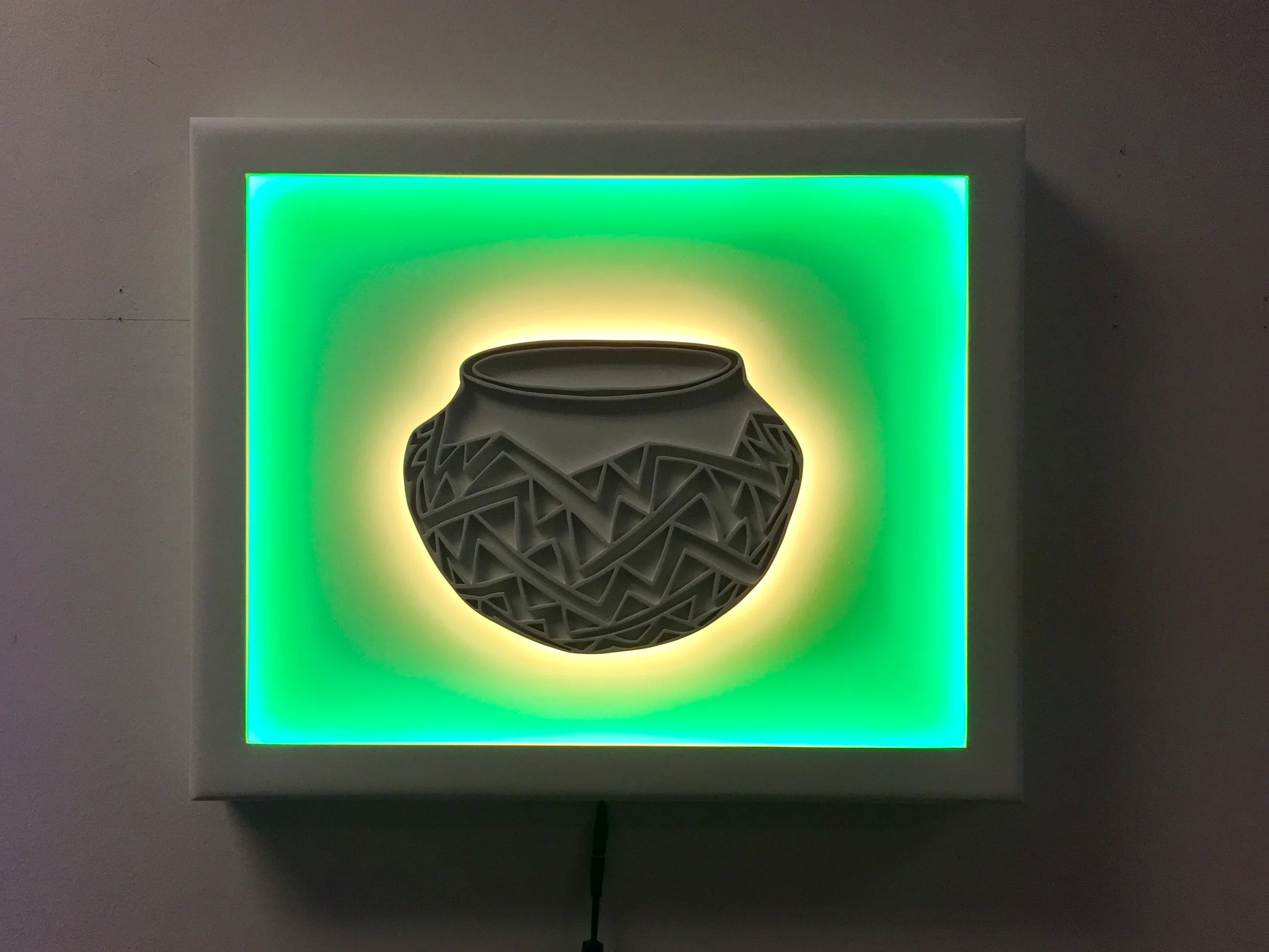 Sacred Vessel #5
carved wood, white paint, led light
20 x 15 x 4 inches