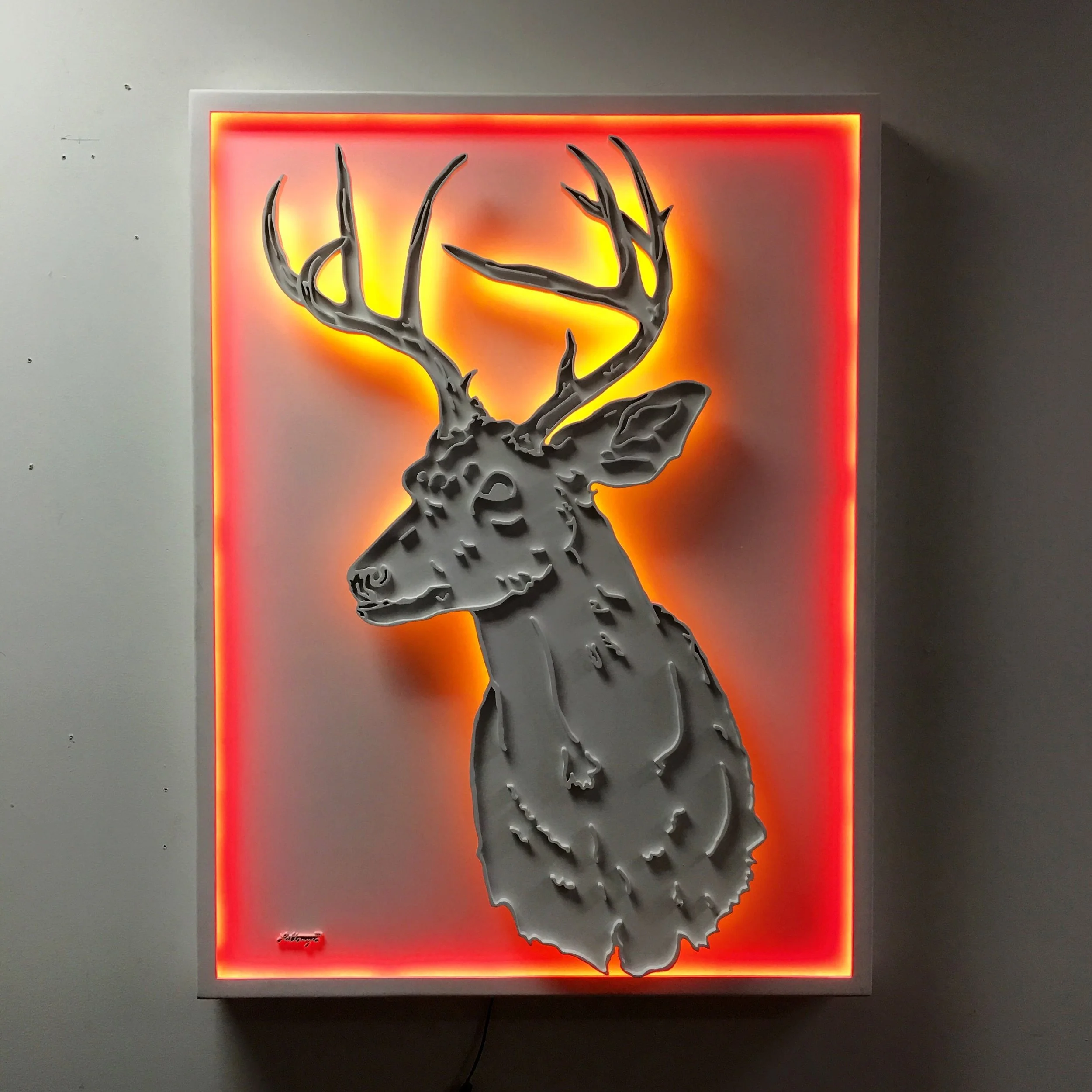 Big Buck
carved wood, white paint, led light
36 x 48 x 4 inches