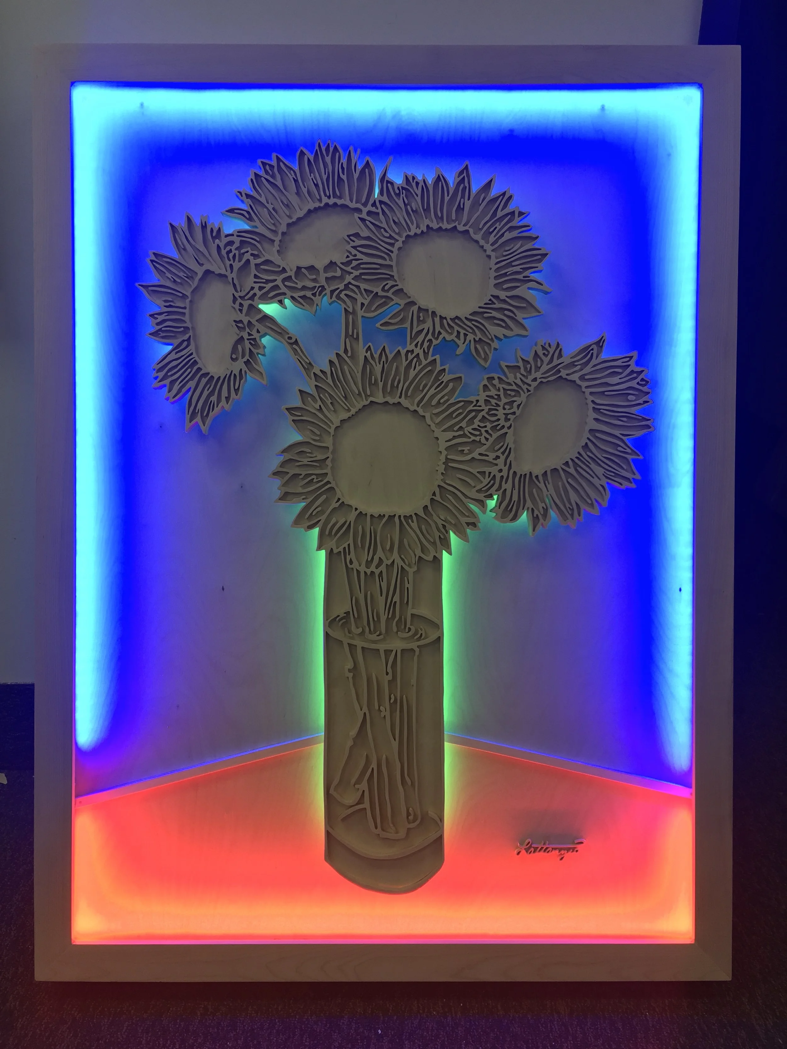 Sunflowers #3
carved wood, led light
30 x 40 x 2 inches