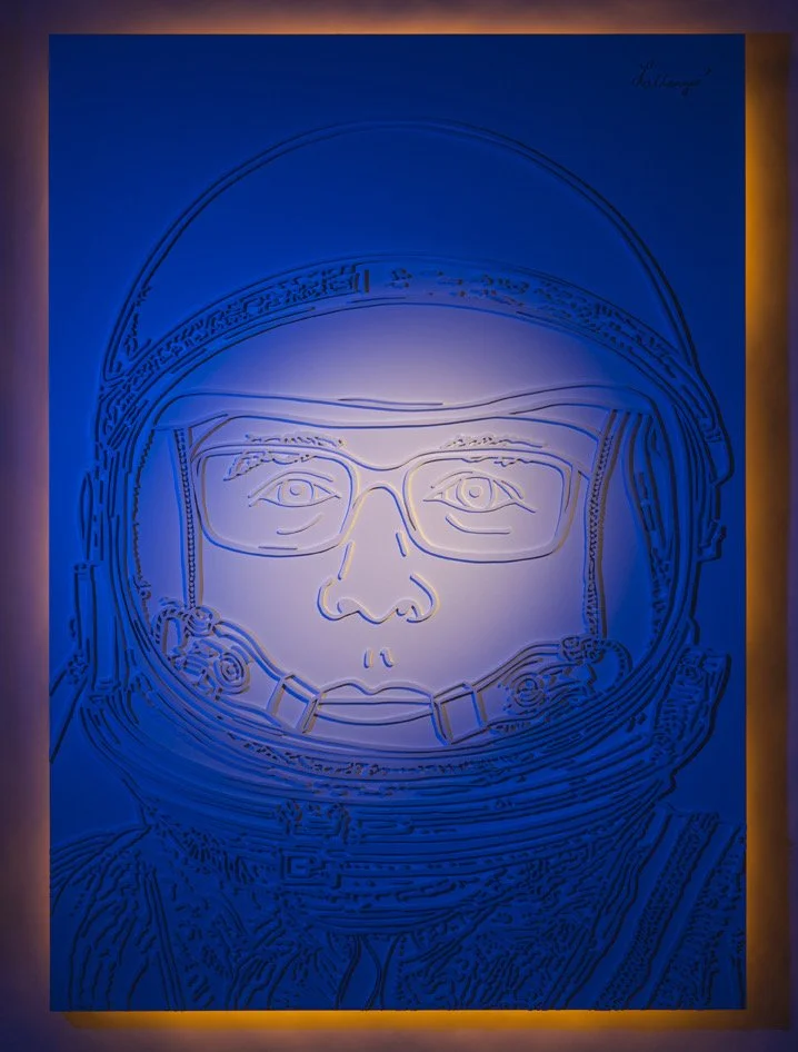 Spaceman
carved wood, white paint, led light 
60 x 84 x 4 inches