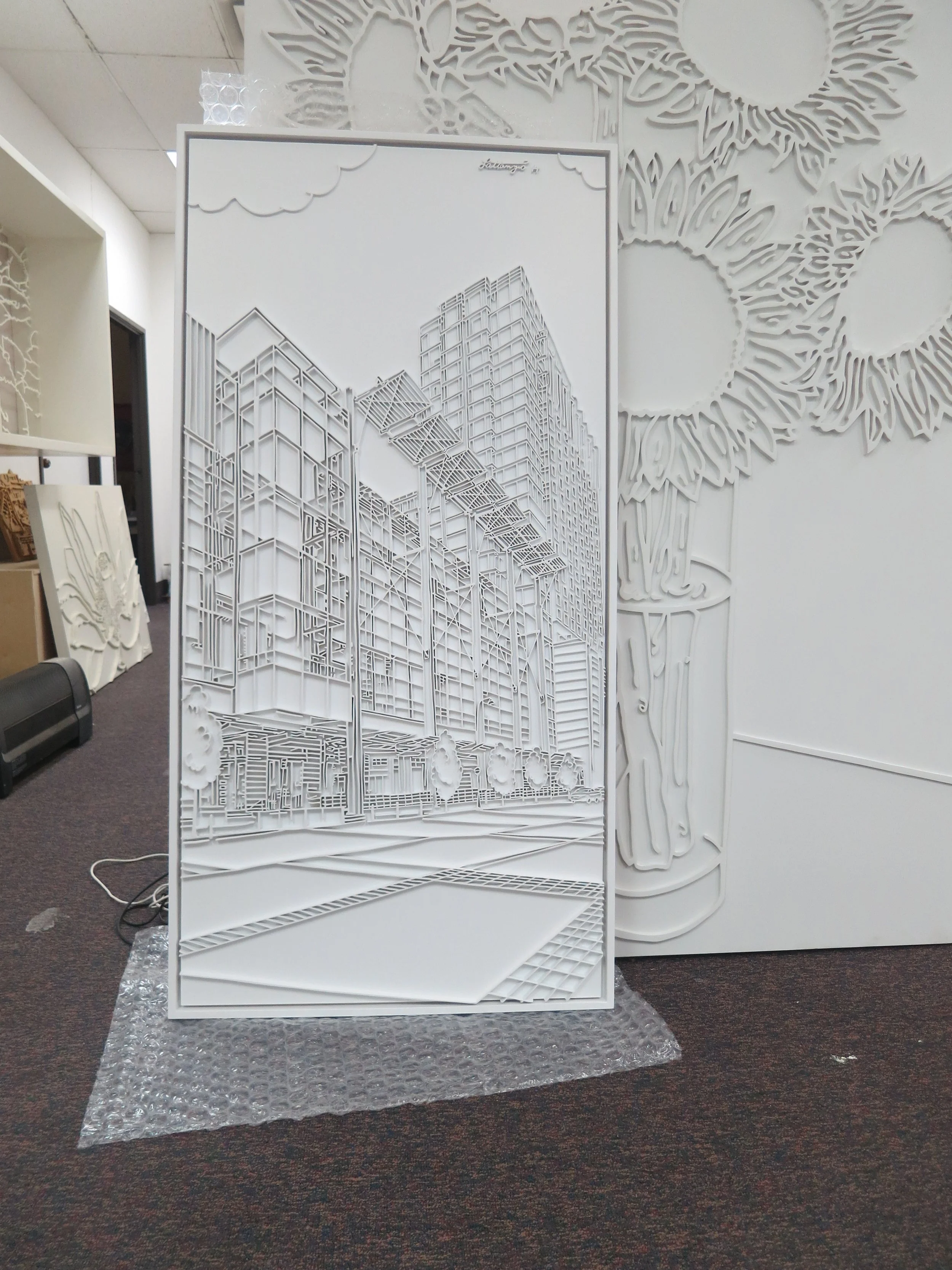 Studio shot 
carved wood, white automobile paint

