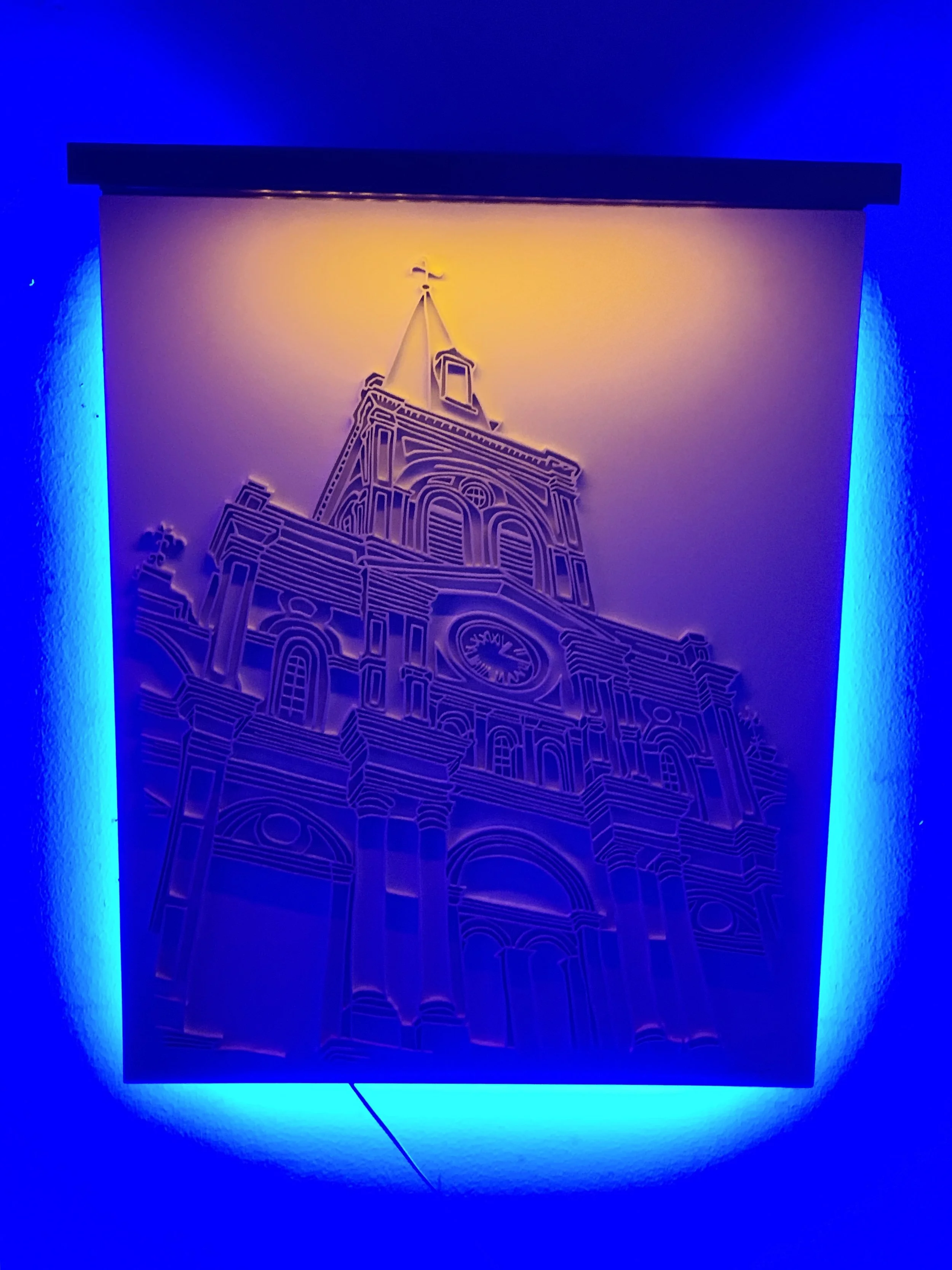 St. Louis Cathedral
carved wood, stainless steel, white paint, led light
24 x 32 x 5 inches