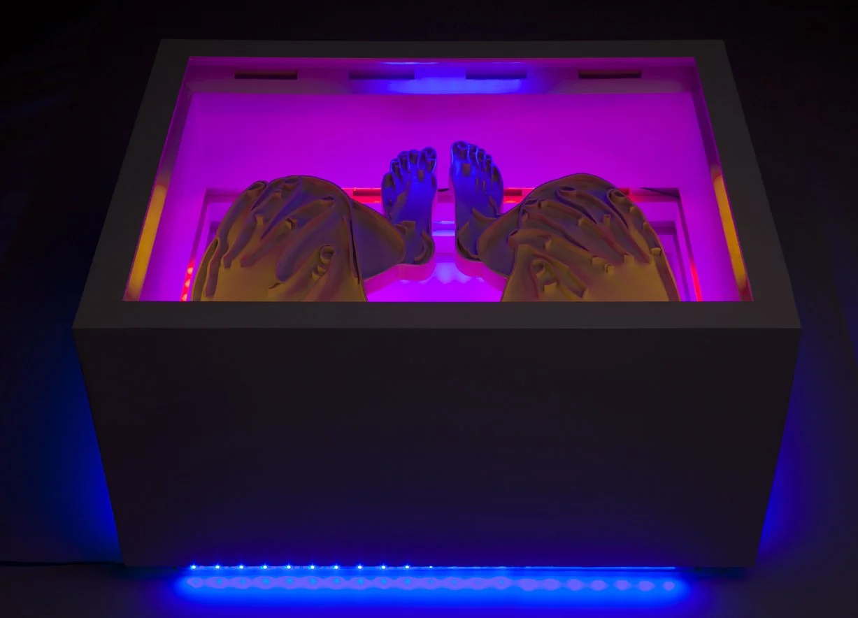 carved wood, white paint, 1/2 inch glass top, led light
40 x 30 x 15 inches 