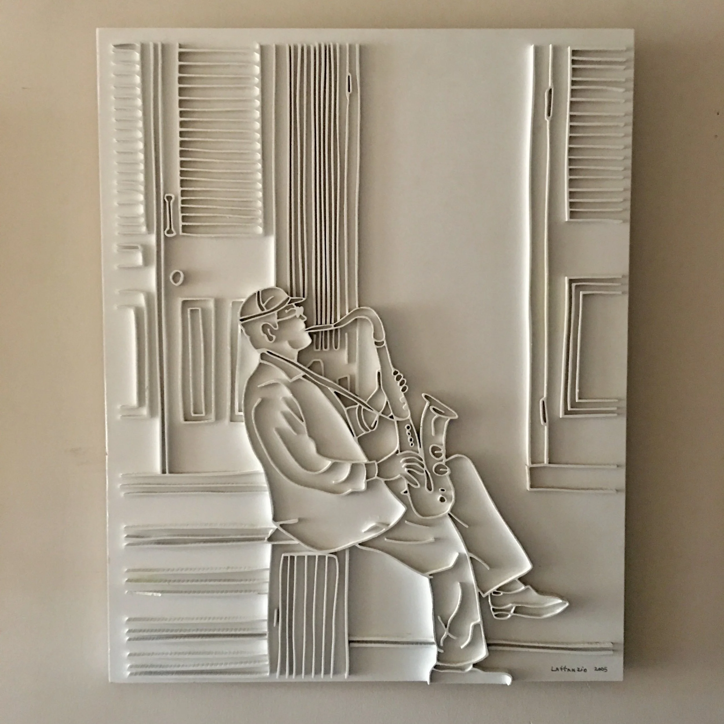 New Orleans Jazz, 2005
carved wood, acrylic primer, flat white automobile paint
30 x 40 x 1.5 inches
Private collection