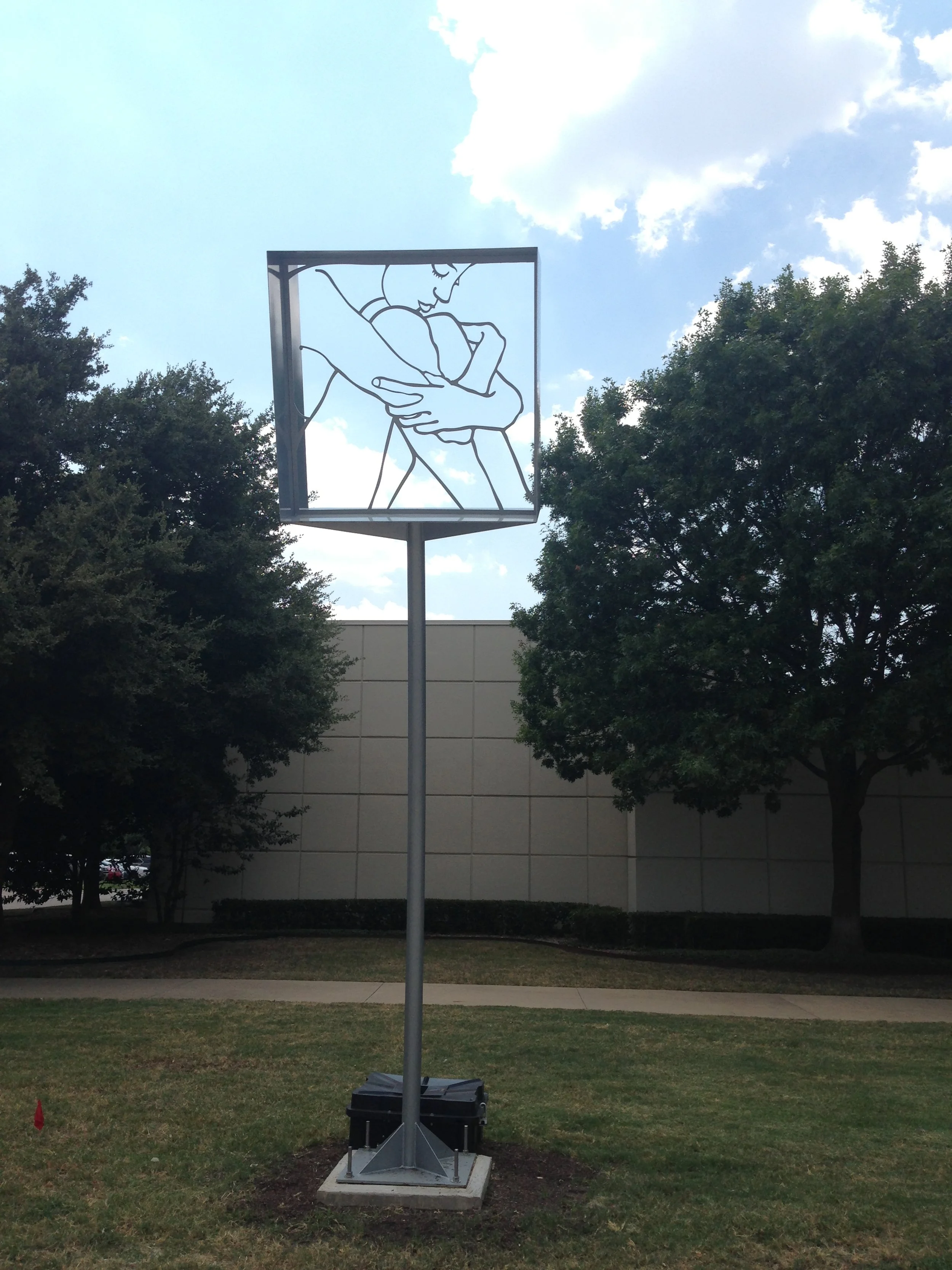 Look Inside 
carved and welded steel, paint, led light
48 x 48 x 24 inch on 10 FT pole
City of Mesquite