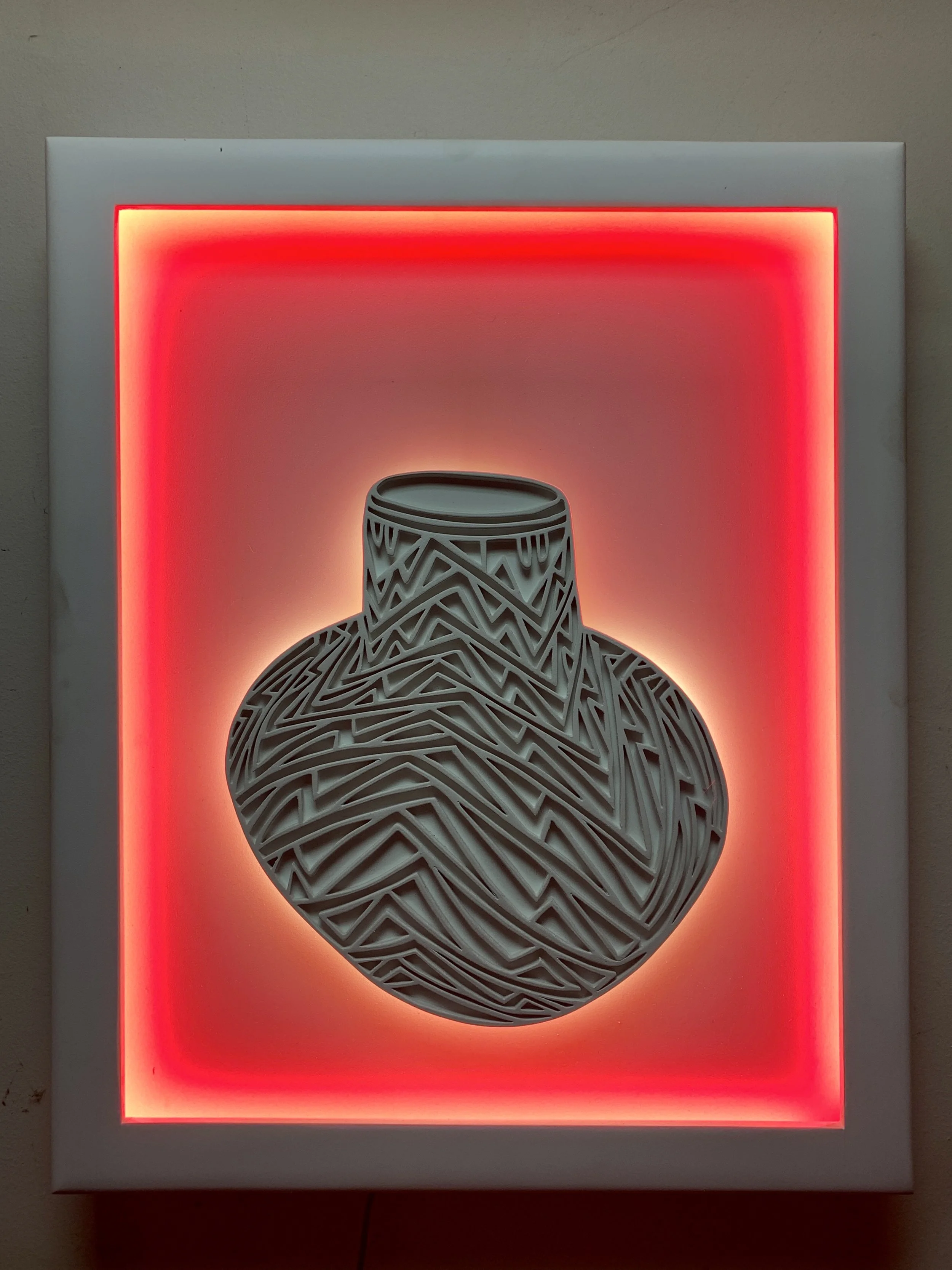 Sacred vessel #3
carved wood, white paint, led light
17 x 22 x 2 inches