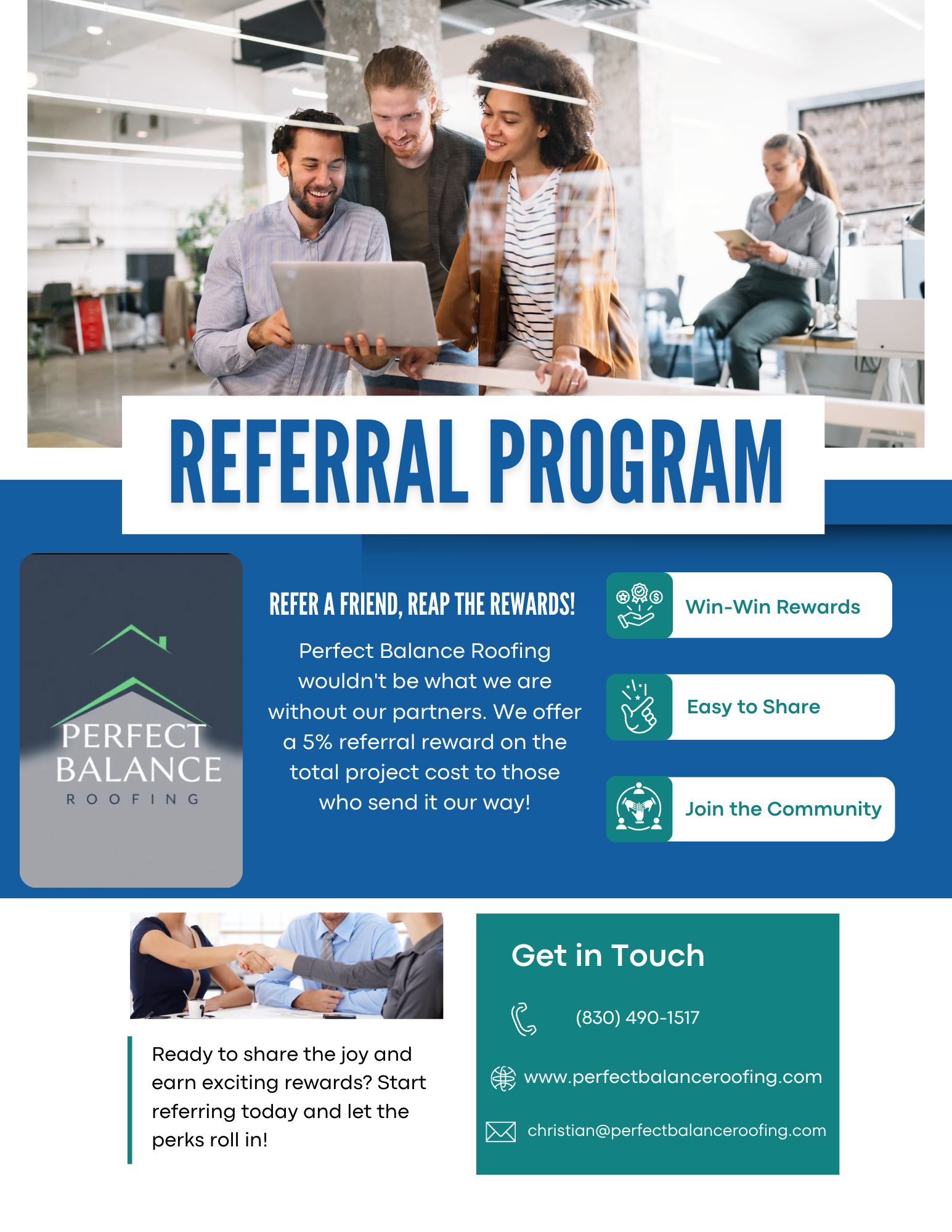 A promotional flyer for Perfect Balance Roofing's referral program. The flyer features a photo of four diverse people smiling and looking at a laptop in an office setting. It highlights rewards for referrals, including win-win rewards, easy sharing, and community joining, with contact details and a call to action to start referring.