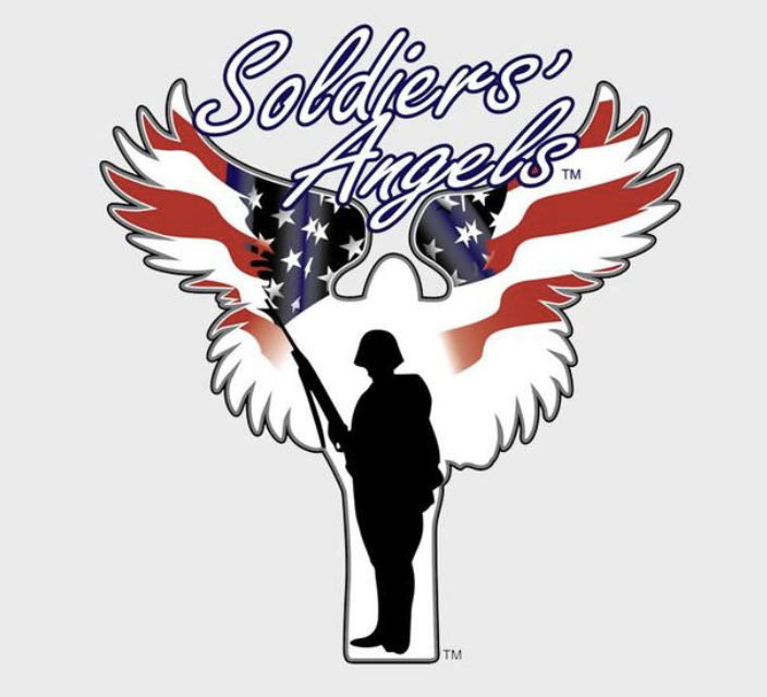 A silhouette of a soldier holding a rifle, with American flag wings and sunglasses with the American flag pattern, and the words 'Soldiers Angels' in stylized script above.