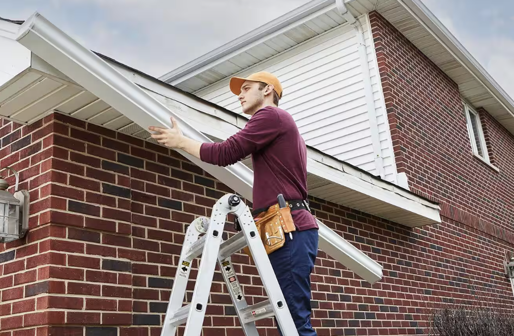 A man with a tool belt on a ladder working on the gutter of a house with brick and siding exterior.