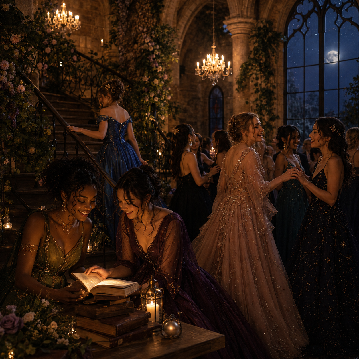 Elegant women in evening gowns dancing and reading in a candlelit, castle-like venue with chandeliers and large windows showing a moonlit night sky.
