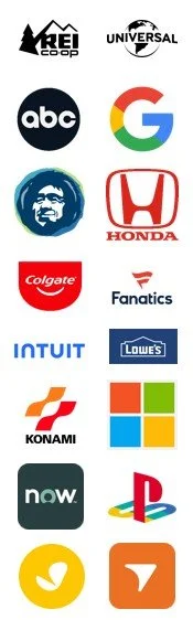 Logos of various companies including REI Coop, Universal Pictures, ABC, Google, Honda, Colgate, Fanatics, Lowe's, Konami, Now, PlayStation, Intuit, Microsoft, and two others with yellow and orange icons.