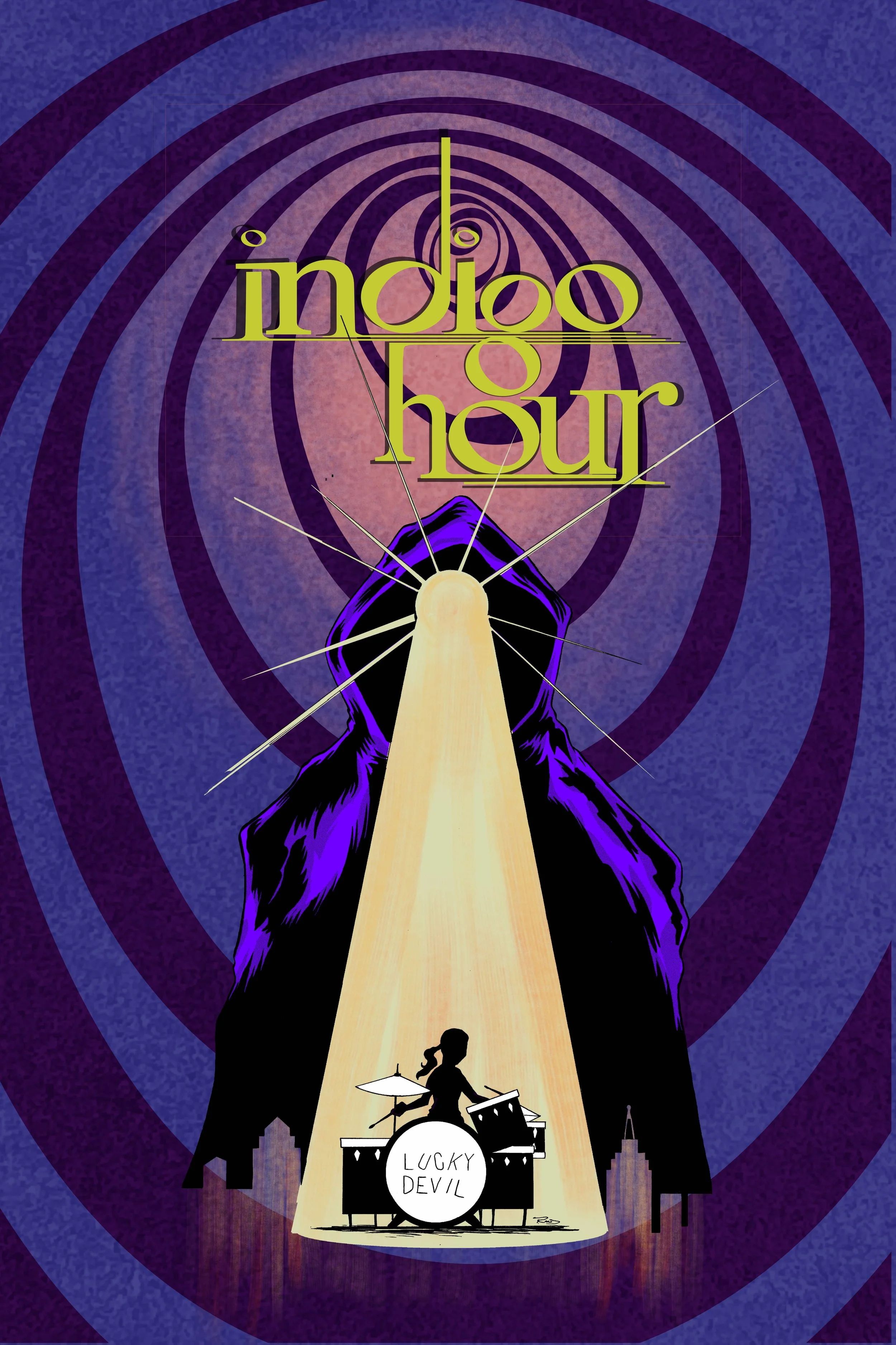 Poster for 'Indigo Hour' featuring a hooded figure with a beam of light shining onto a girl playing drums, labeled 'Lucky Devil,' against a purple spiral background.