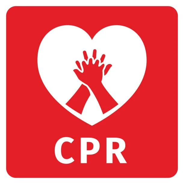 Red background with a white heart shape and two red hands giving high five inside it, with the text 'CPR' below.