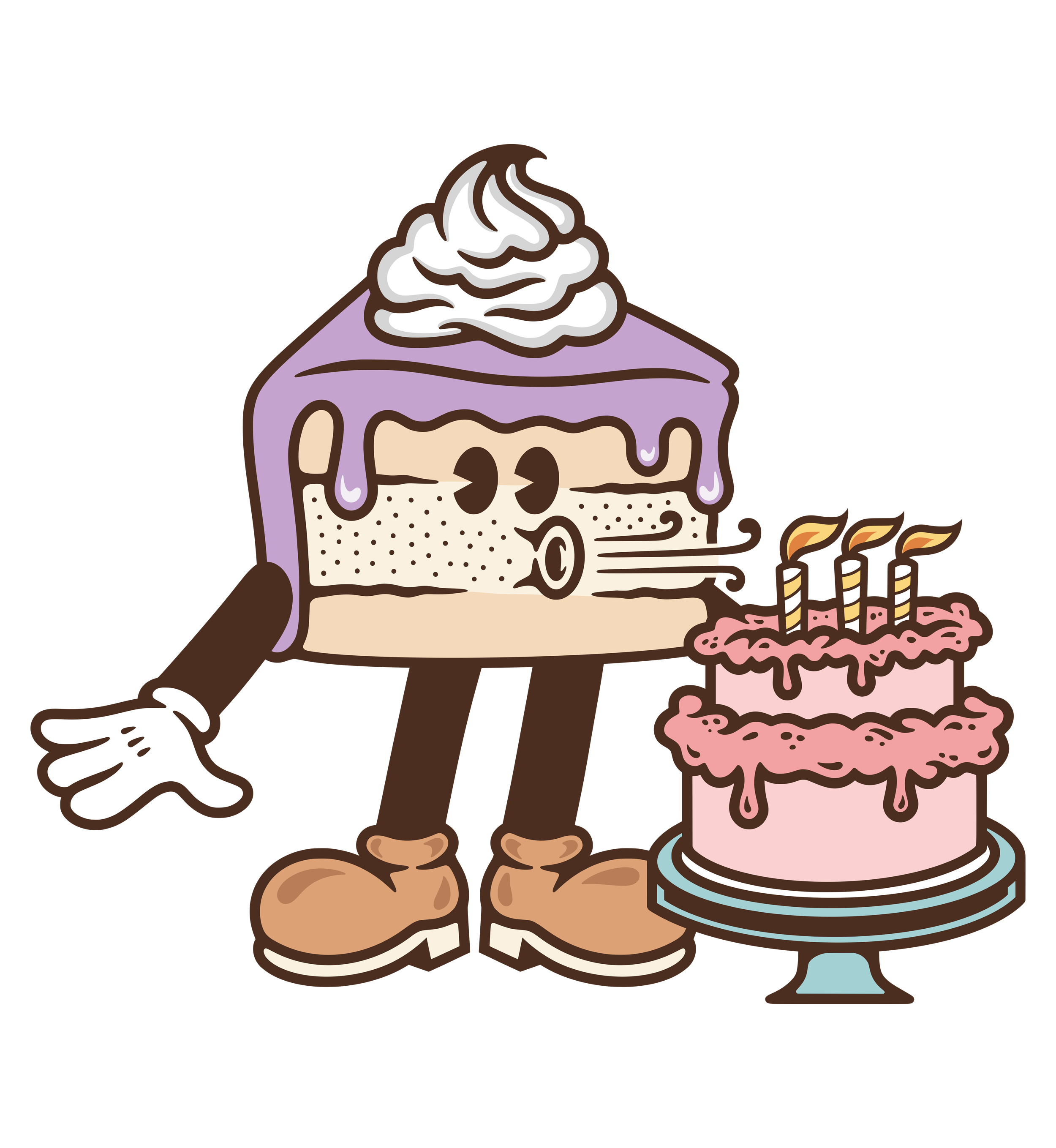 Animated slice of birthday cake with purple frosting, a dollop of whipped cream on top, and a face with closed eyes and puckered lips, next to a pink birthday cake with three lit candles.