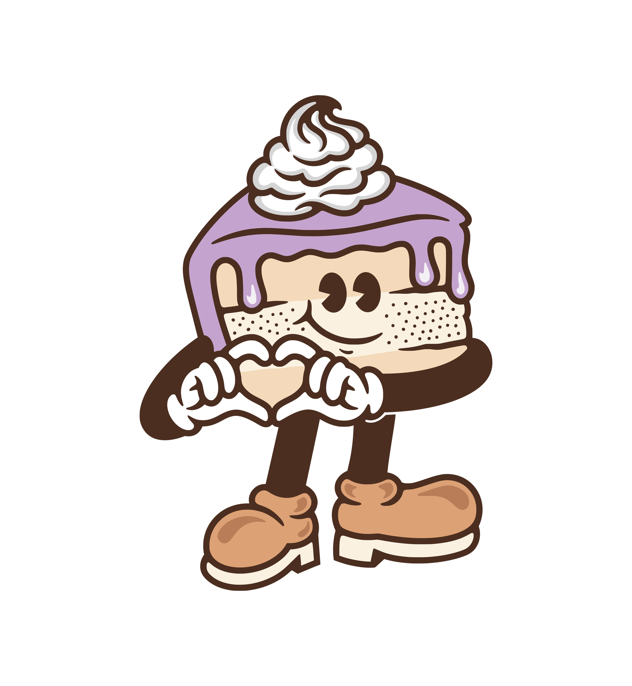 Cartoon character of a slice of cake with purple icing, whipped cream topping, smiling face, and hands making a heart gesture, standing on wooden floor.