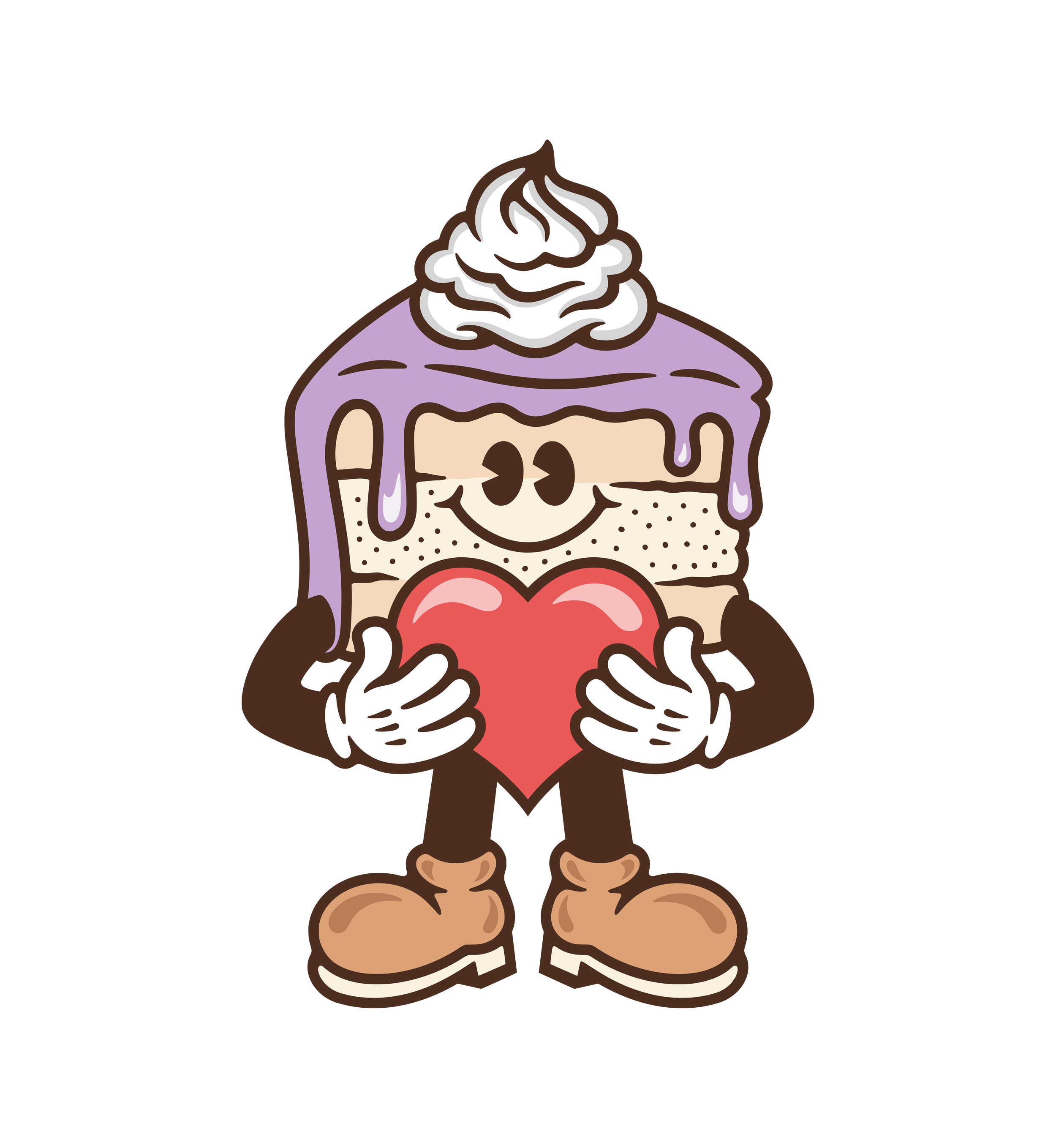 A cartoon character with a cake for a head, holding a red heart in its hands.