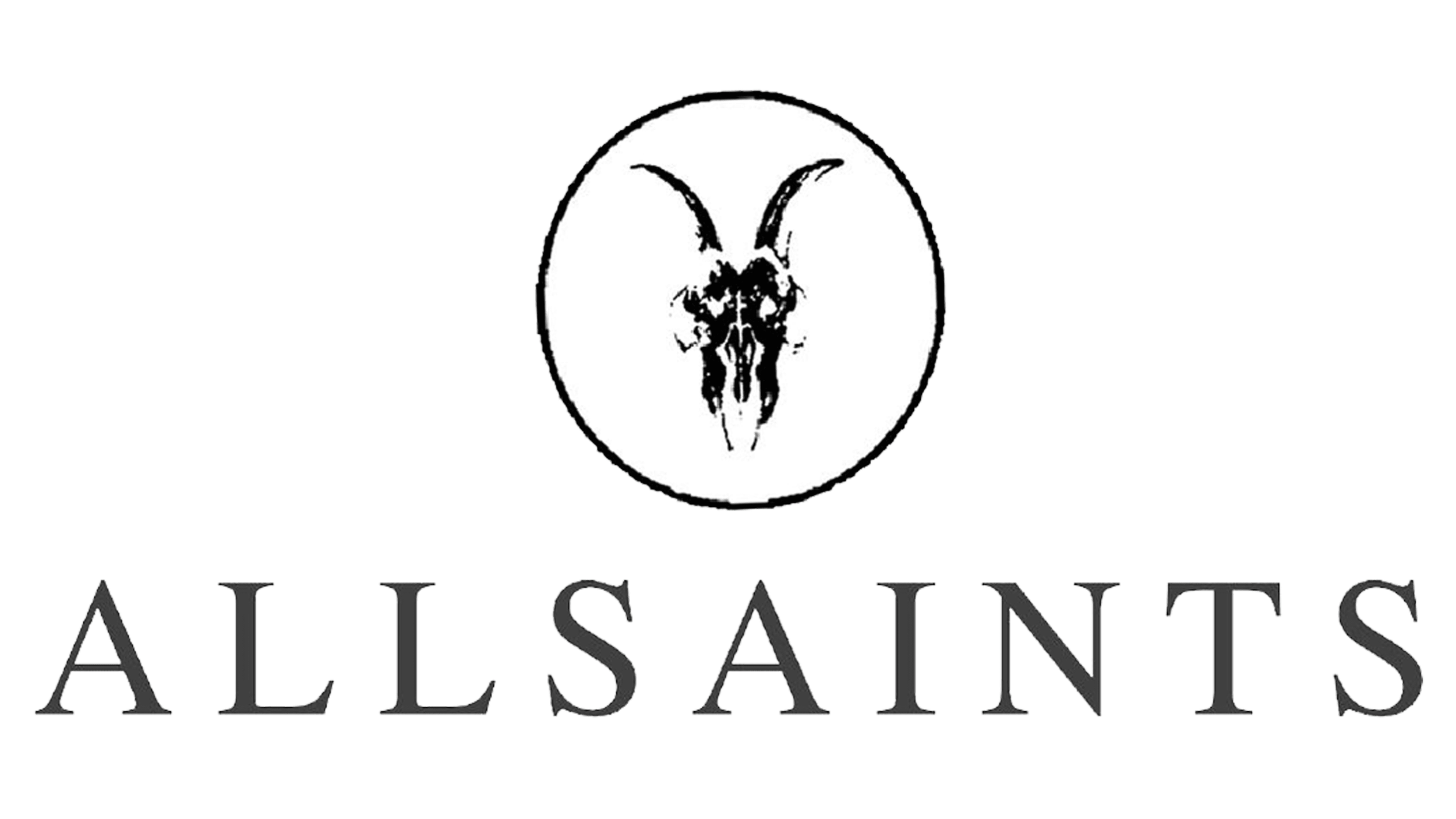 Saints logo featuring a black and white illustration of a goat's skull with long horns, above the text 'ALL SAINTS' in gray uppercase letters.
