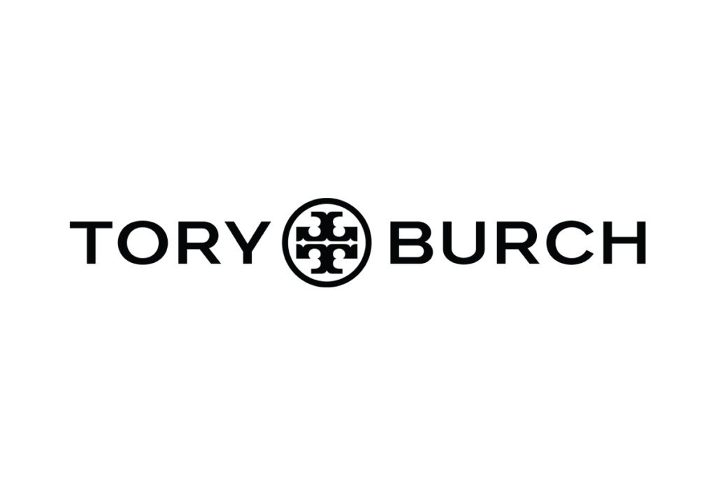 Tory Burch logo in black text with a circular emblem between the words
