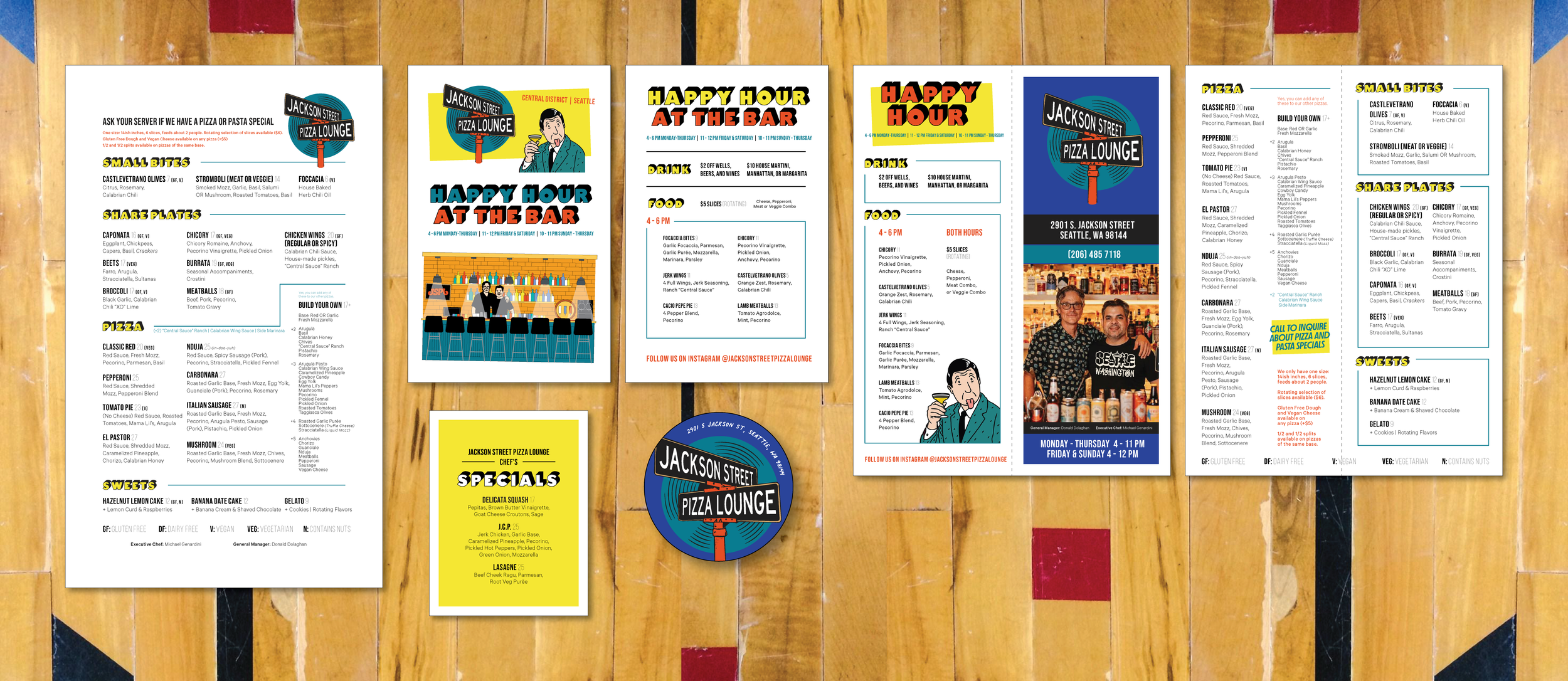 Menu and flyer for Jackson Street Pizza Lounge, featuring pizza, small bites, share plates, appetizers, desserts, and special events like happy hours. The menu includes items such as classic red pizza, pepperoni, italiano sausage, and gourmet options. The flyer shows images of staff, the bar, and a map of the location at 2901 S. Jackson Street, Seattle, WA, with contact information and social media handles.