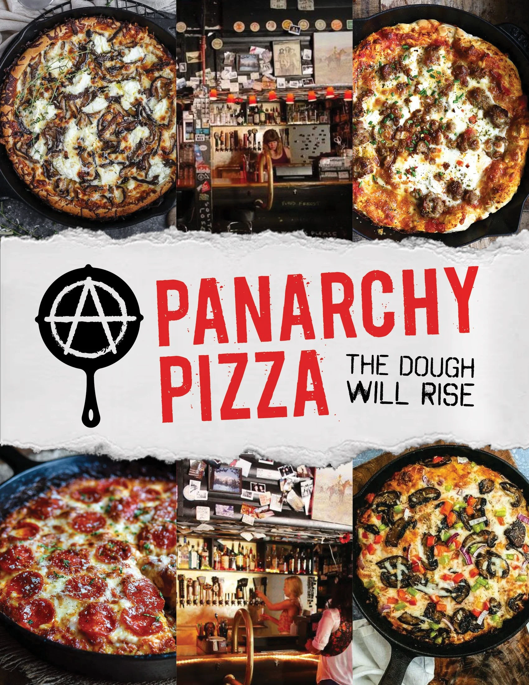 Collage of images including four pizzas with various toppings, two photos of a bar with bartenders and patrons, and a sign reading 'Panarchy Pizza: The dough will rise' with an anarchist symbol resembling a pizza cutter.
