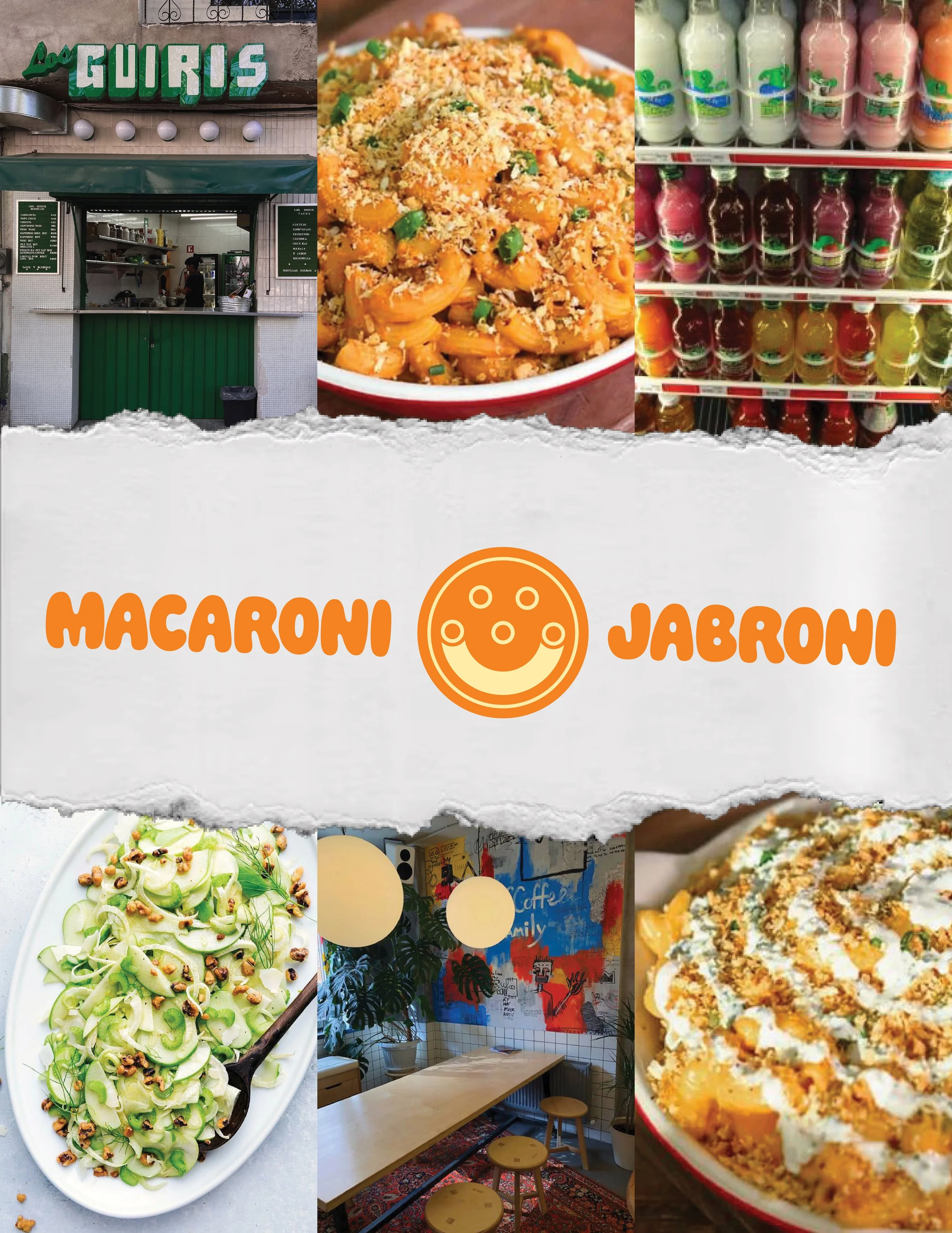 Collage of images featuring a food stand called 'Guris', pasta dish, bottles of flavored milk, a fresh salad with cucumbers and herbs, a cozy cafe interior with colorful wall art, and a dessert with cream, nuts, and fruit.