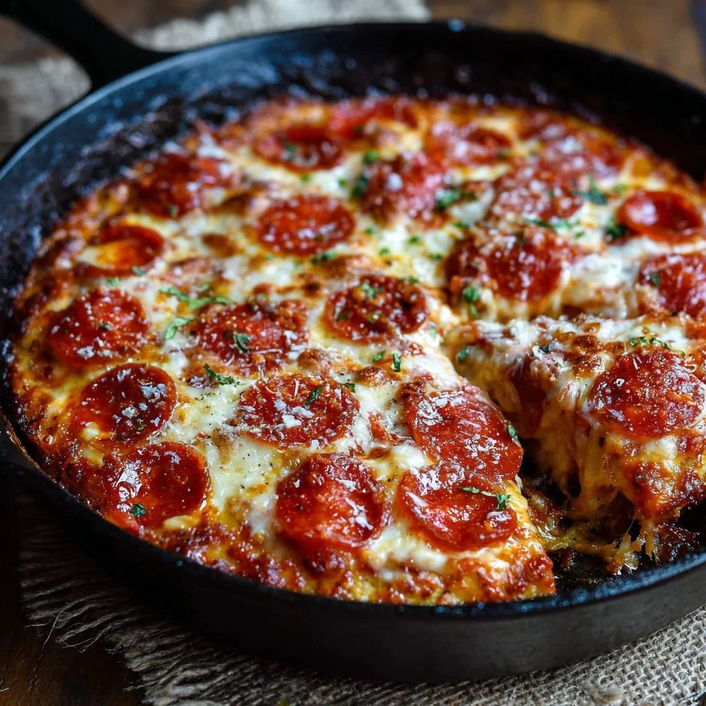 Close-up of a pepperoni pizza in a black cast iron skillet