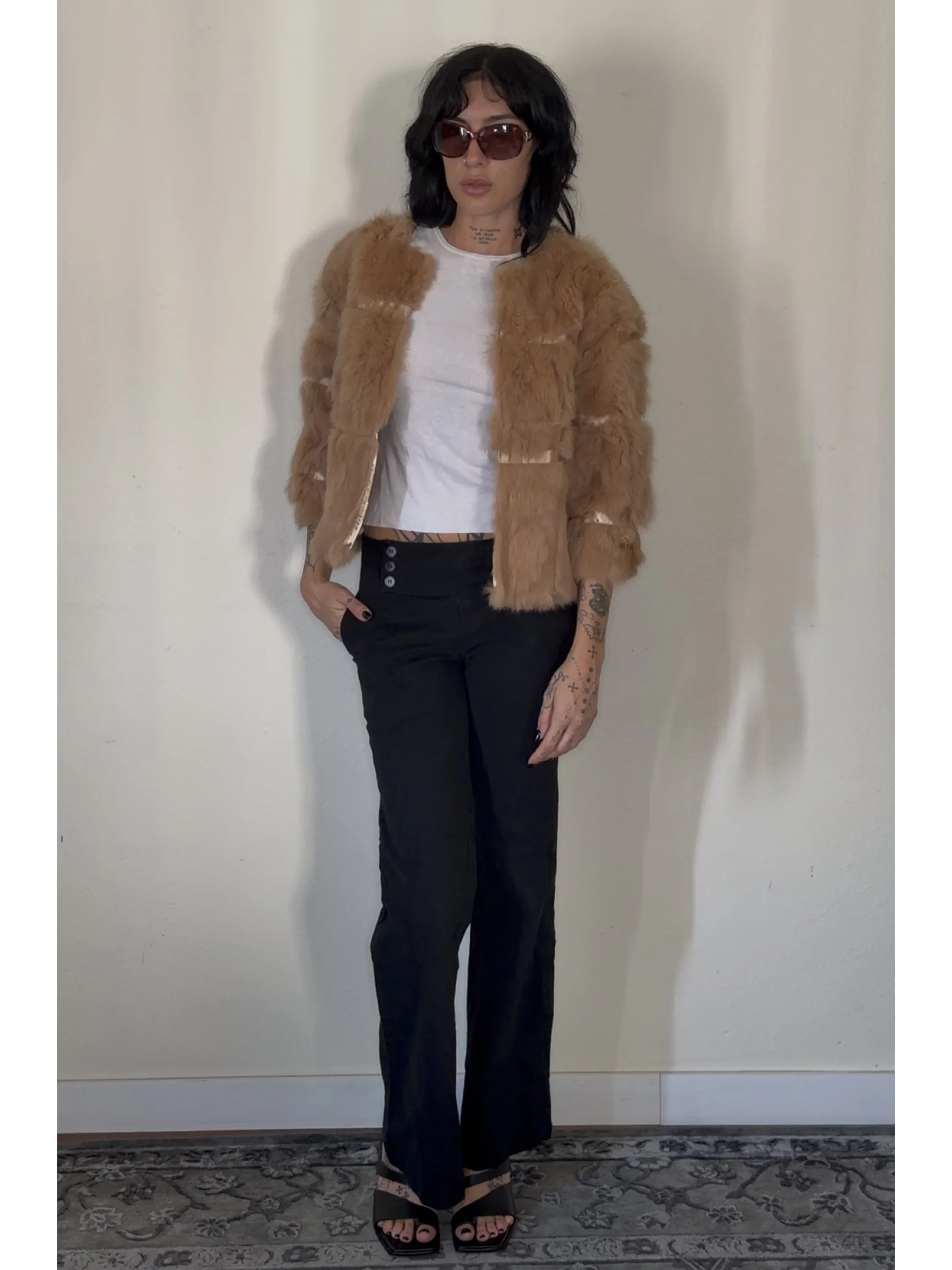SILK LINED RABBIT FUR TAN QUARTER SLEEVE COAT