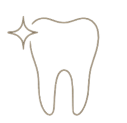 Simple line drawing of a tooth with a sparkle detail near the top left.