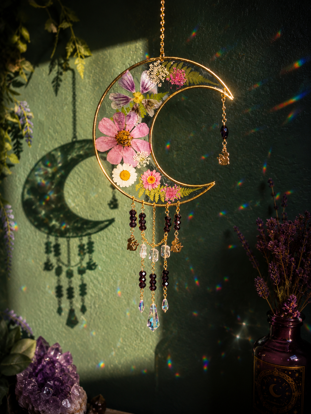 Decorative hanging moon with floral patterns, beads, and charms casting colorful rainbow shadows on a green wall, surrounded by purple flowers and crystals in jars.