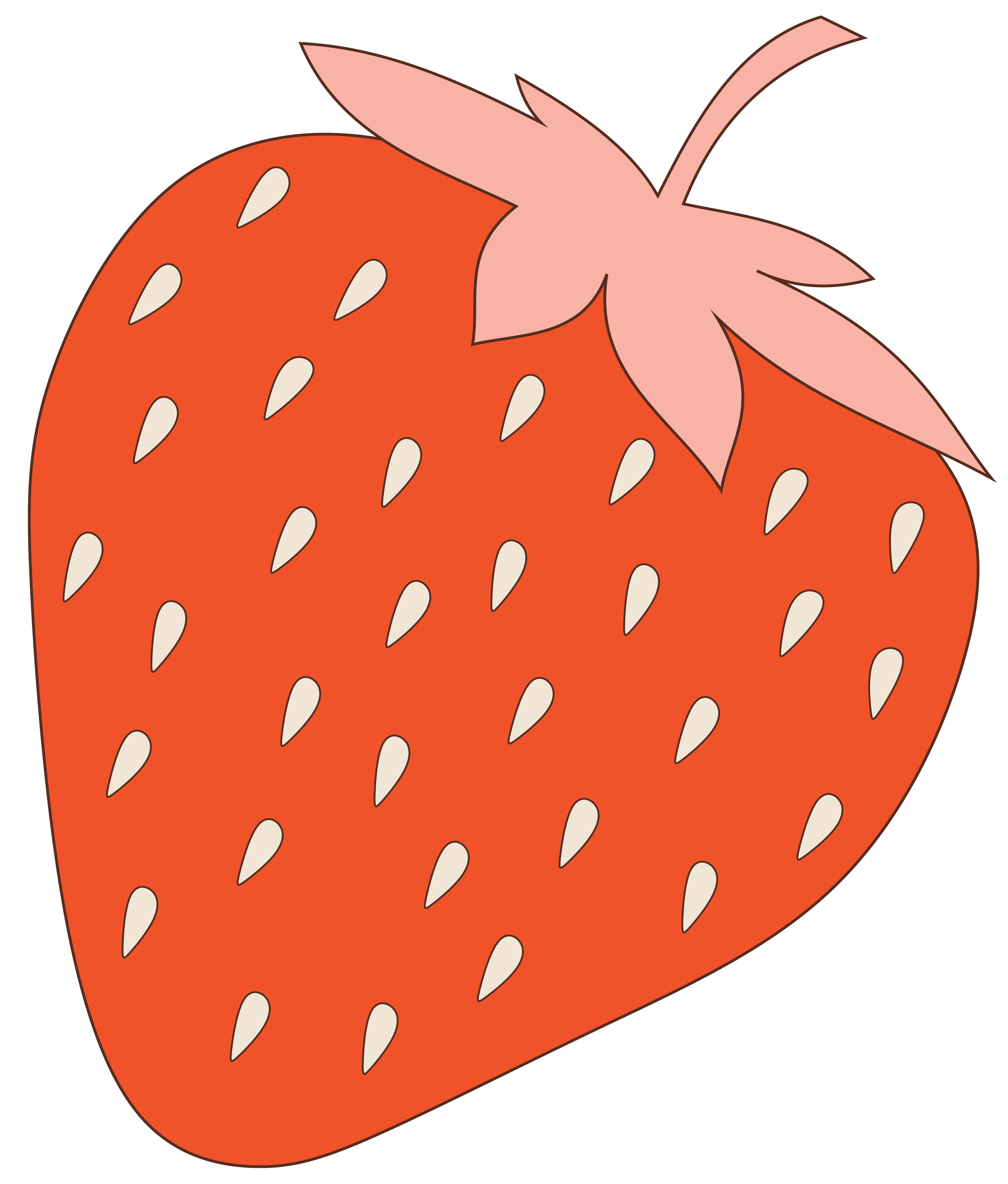 A cartoon illustration of a red strawberry with white seeds and a pink leafy top.