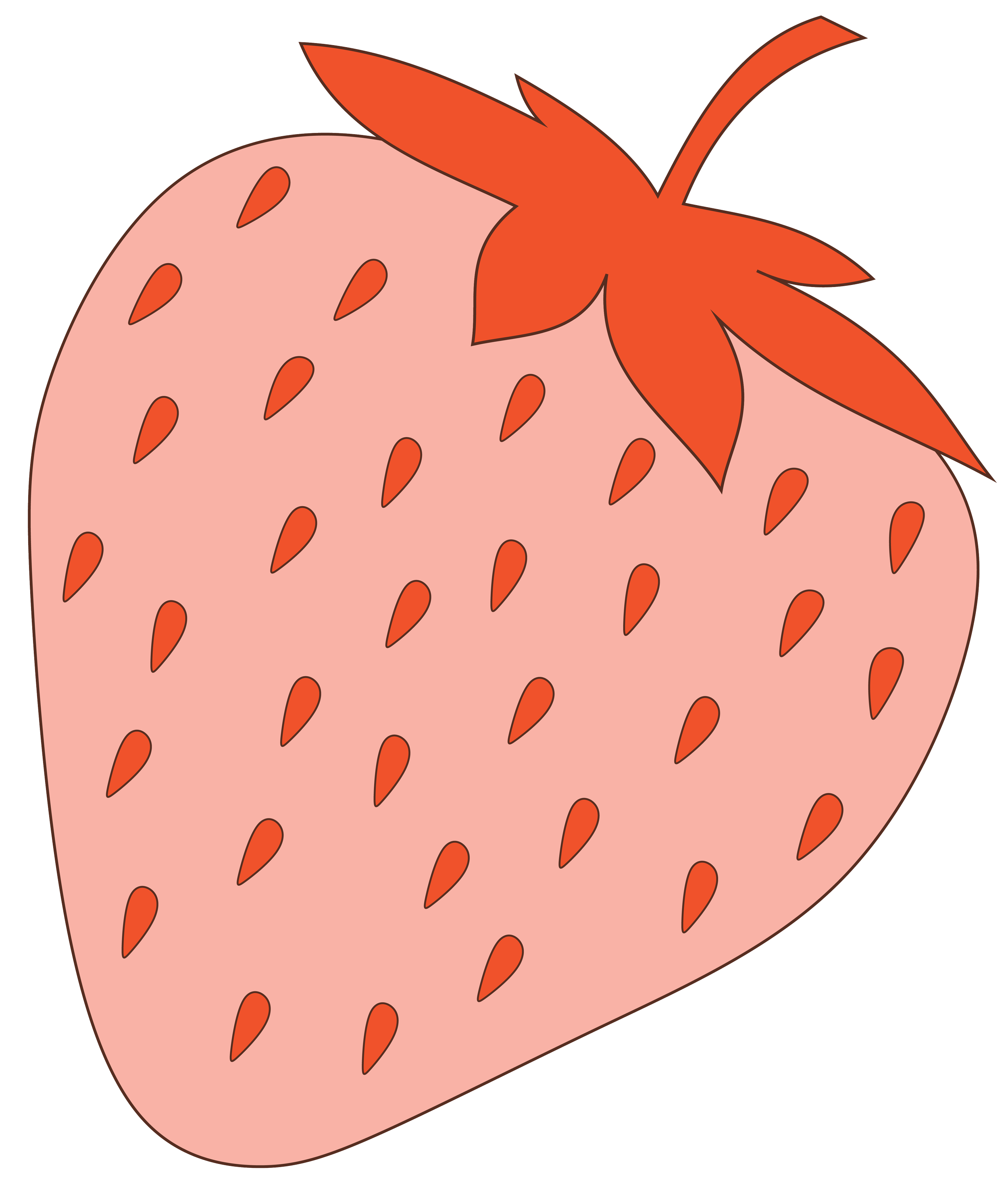 Illustration of a strawberry with red seeds and green leafy top.
