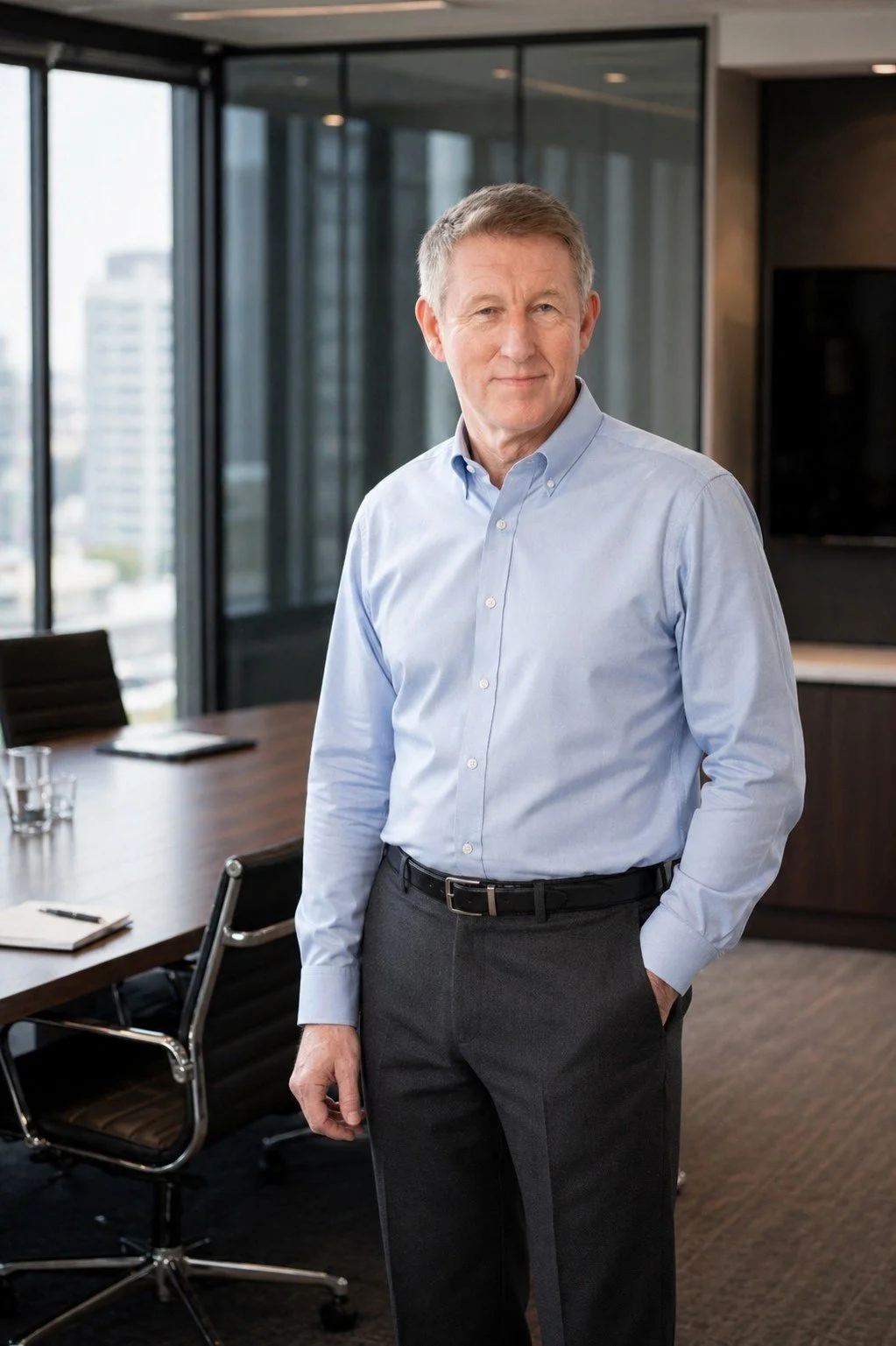 An older man standing in a modern office conference room with large windows, wearing a light blue dress shirt and dark gray pants, looking at the camera.