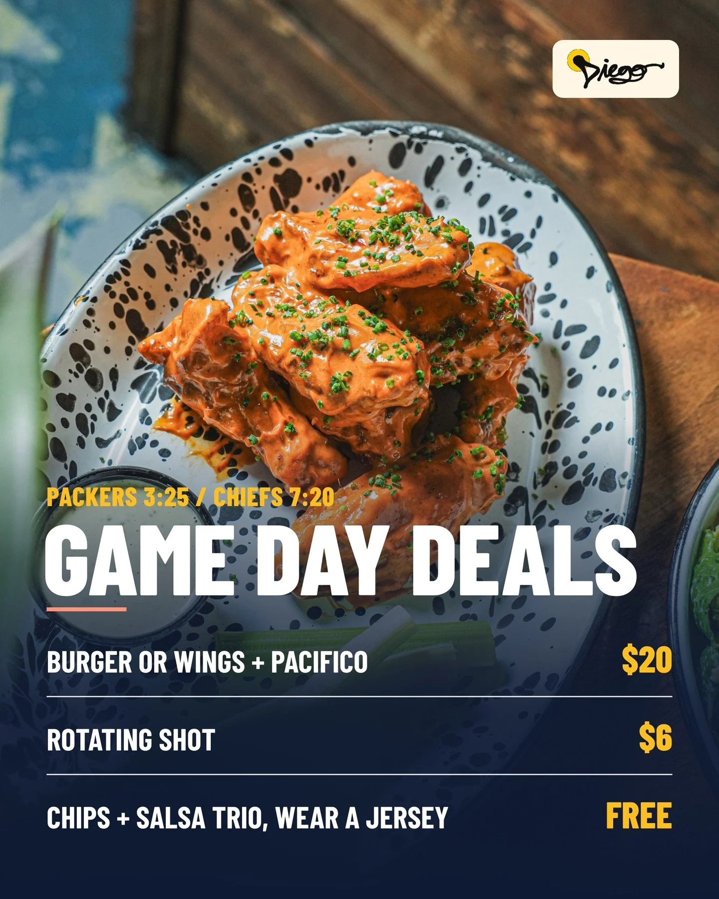 Game day at Diego.

Packers at Lions at 3:25. Chiefs at Seahawks at 7:20. Every game on, and the kitchen is ready for both.

New tonight: the Asada Taco Platter, $30. A half pound of marinated steak, enough for 4 to 5 tacos, served with all the fixin
