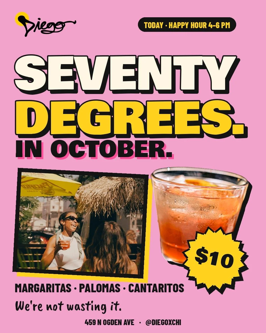 Chicago, join us on the Patio today? Let&rsquo;s run it! RSVP on Open Table or just pop on by. 

Diego en West Town, Chicago. 

Happy Hour 4pm-6pm today. Burritos and Burgers available all night.