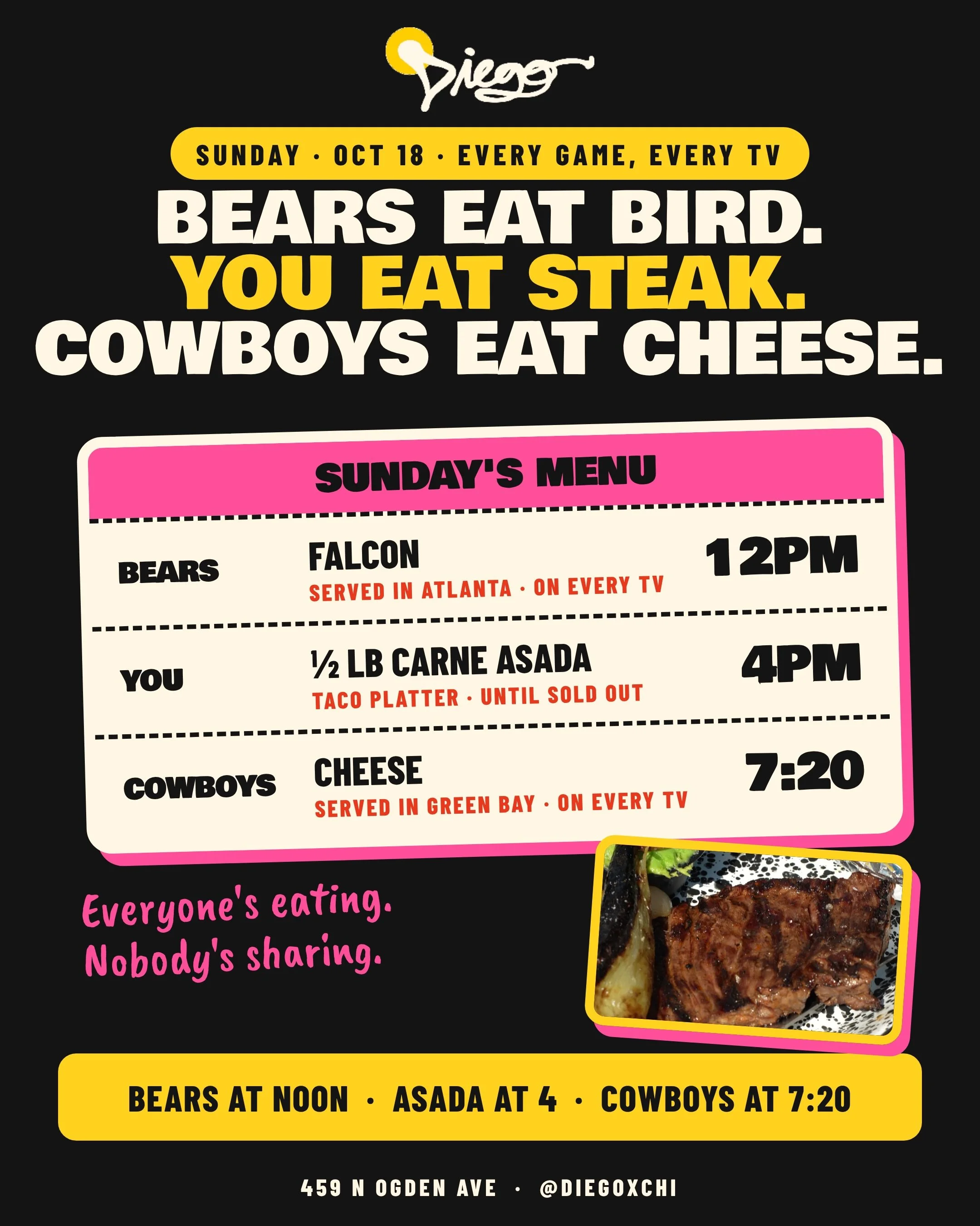This Sunday: We are doing Asada Steak Taco platters at 4PM, inside ☔️ or ☀️! RSVP on Open Table, or just pop by. $20 Bottomless Brunch always on Sundays 11-3pm, Asada to follow. Lock in!