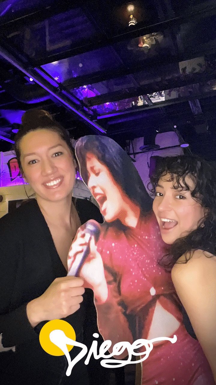Friends with a Selena cutout at Diego
