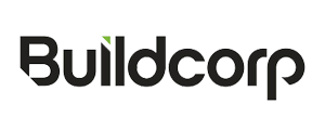 Buildcorp logo with black text and a small green triangle above the 'i'