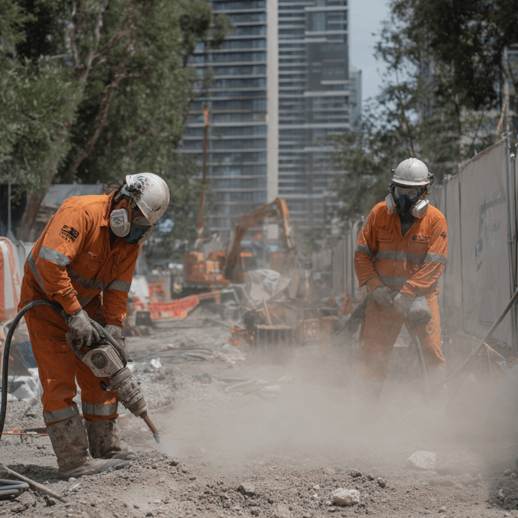 Two Sydney construction workers in orange uniforms and white helmets working with a jackhammer and power tools on a construction site, with dust in the air and city buildings in the background.