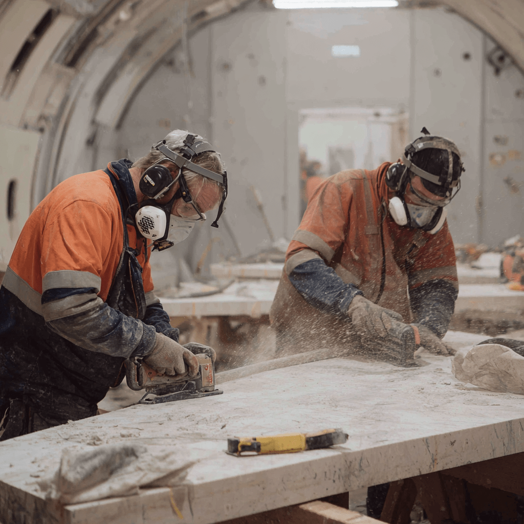 Two Brisbane construction workers wearing orange safety shirts, masks, and protective gear cutting large stone slabs with handheld power tools inside a tunnel.