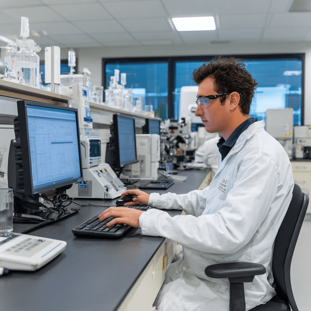 A scientist in a white lab coat is working at a desk in a laboratory, using a computer with multiple monitors and surrounded by lab equipment.