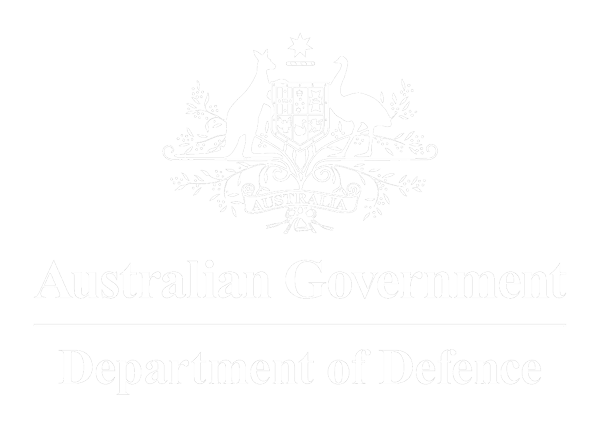 Australian Government Department of Defence emblem with a shield, kangaroos, and boomerang symbols on a black background.