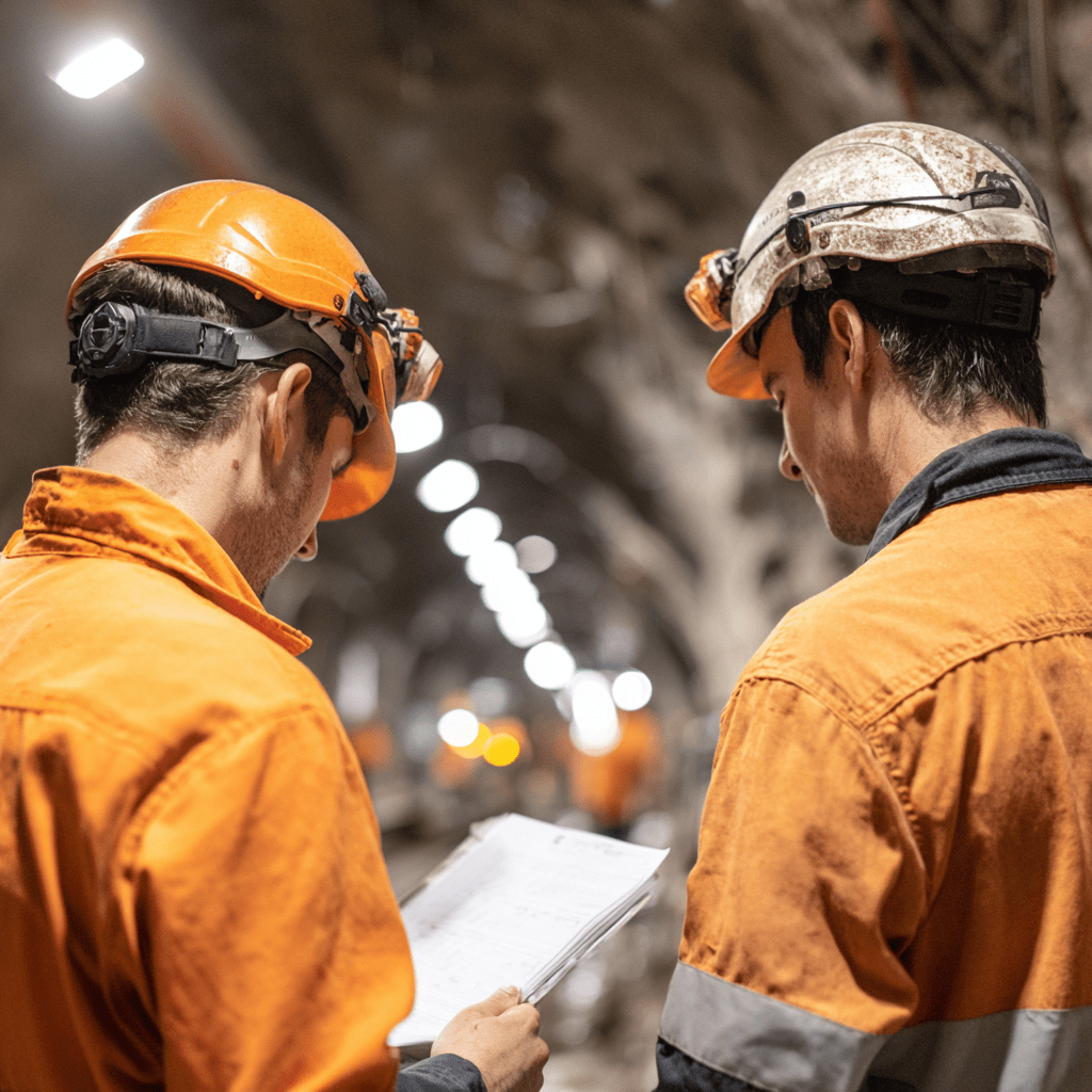 Two miners in orange safety uniforms and helmets reviewing documents in an underground mining tunnel.