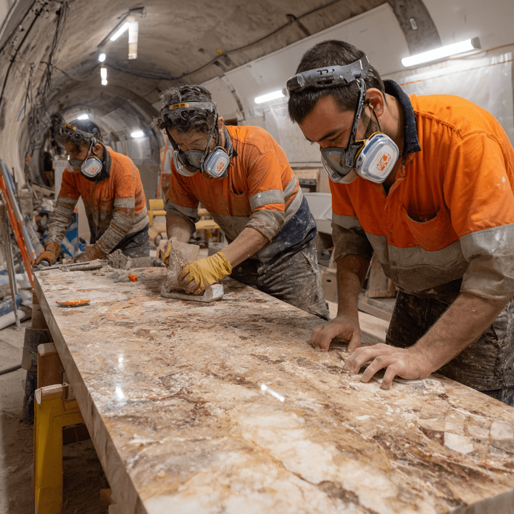 Workers in orange safety uniforms and face masks working on a large stone surface inside a tunnel.