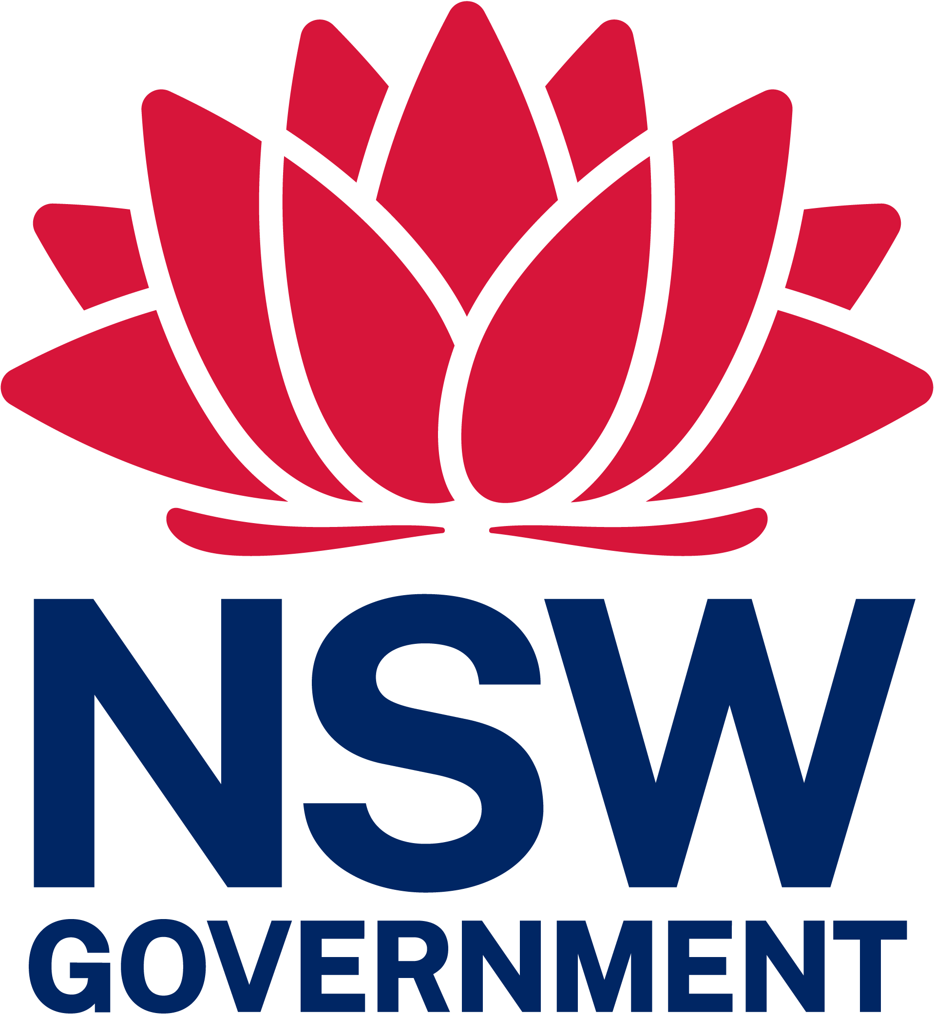 Logo of the NSW Government featuring a red stylized waratah flower and bold blue text.