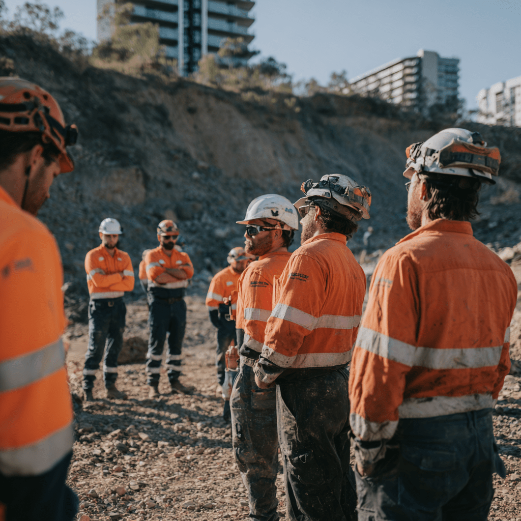 Group of construction workers in orange safety vests and helmets standing outdoors on rocky terrain.