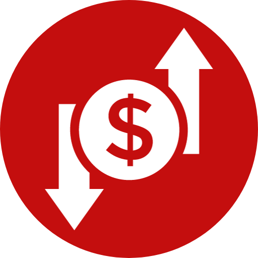 Red circular icon with a white dollar sign in the center, surrounded by two arrows pointing up and down, representing financial fluctuations.